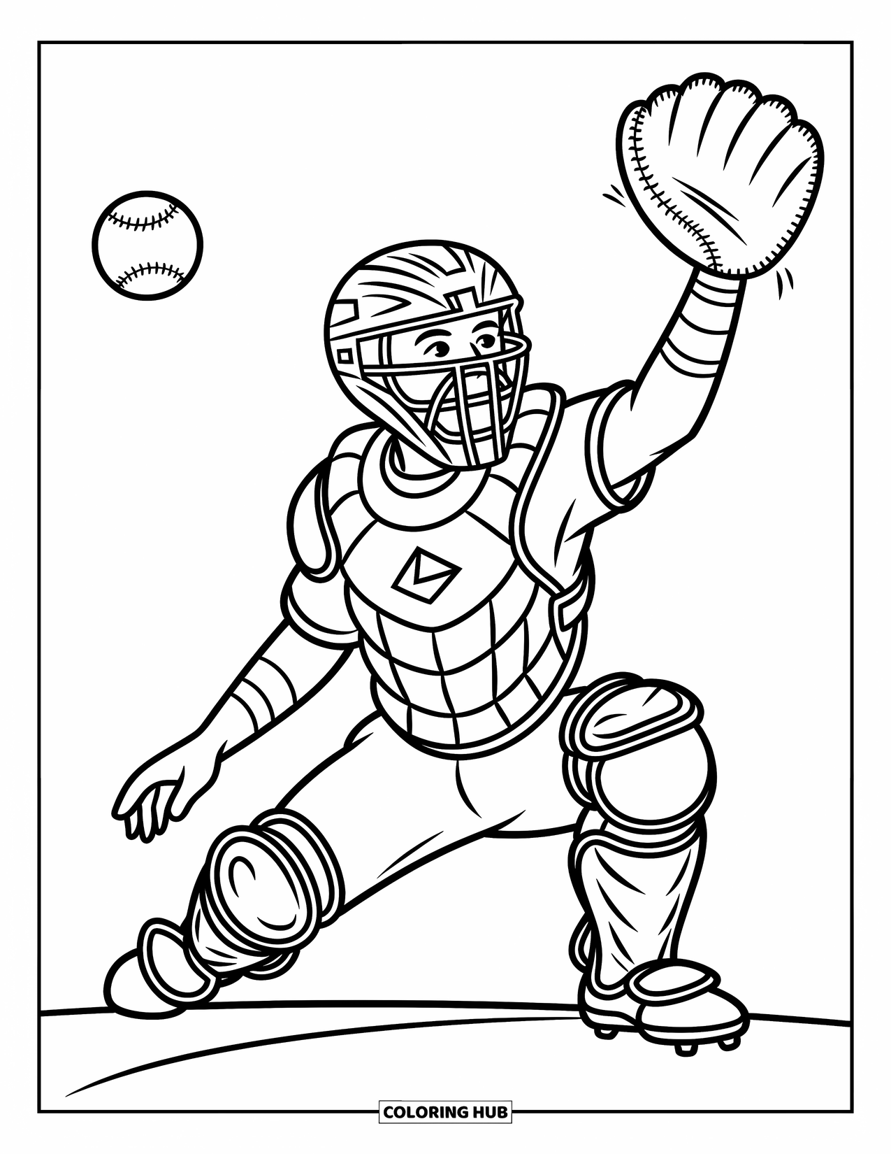 Desen de colorat cu baseball pentru copii: Un catcher își întinde mănușa spre o minge, cu modele distractive, dinamice în jurul lui