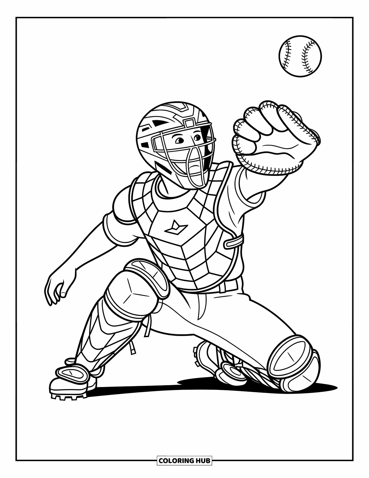 Desen de colorat cu baseball pentru copii: Un catcher se întinde în timpul acțiunii cu o mănușă spre o minge de baseball care se apropie