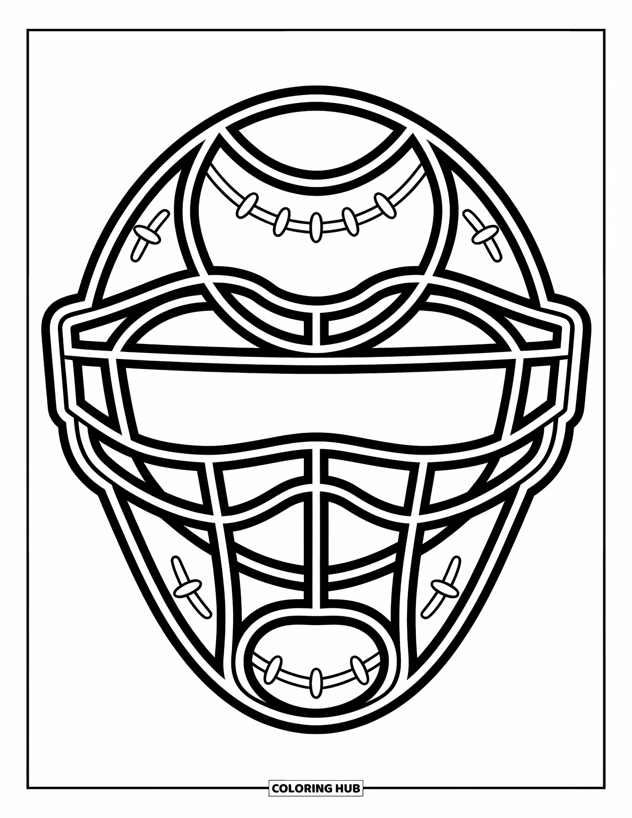 Desen de colorat cu baseball pentru copii: O mască de catcher cu linii simple și modele distractive, perfectă pentru mâinile mici