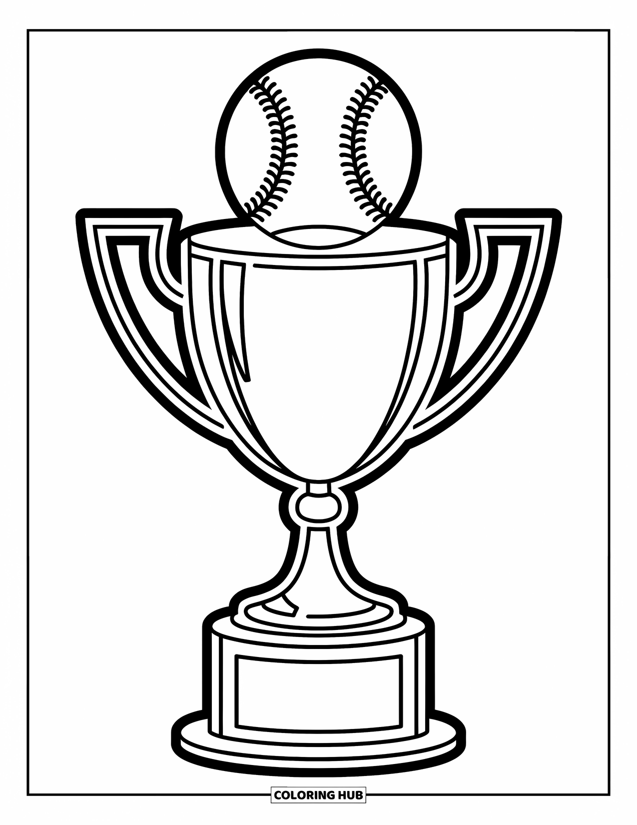Desen de colorat cu baseball pentru copii: Un trofeu de baseball vesel stă înalt cu o minge deasupra