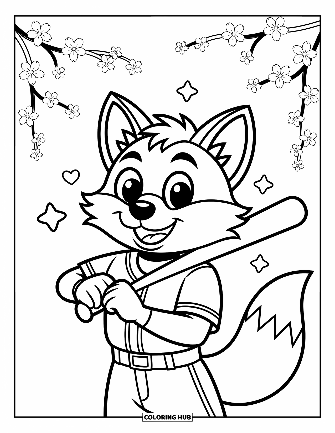Desen de colorat cu baseball pentru copii: O mascotă vulpe veselă ține o bâtă cu stele și inimi plutind în jur