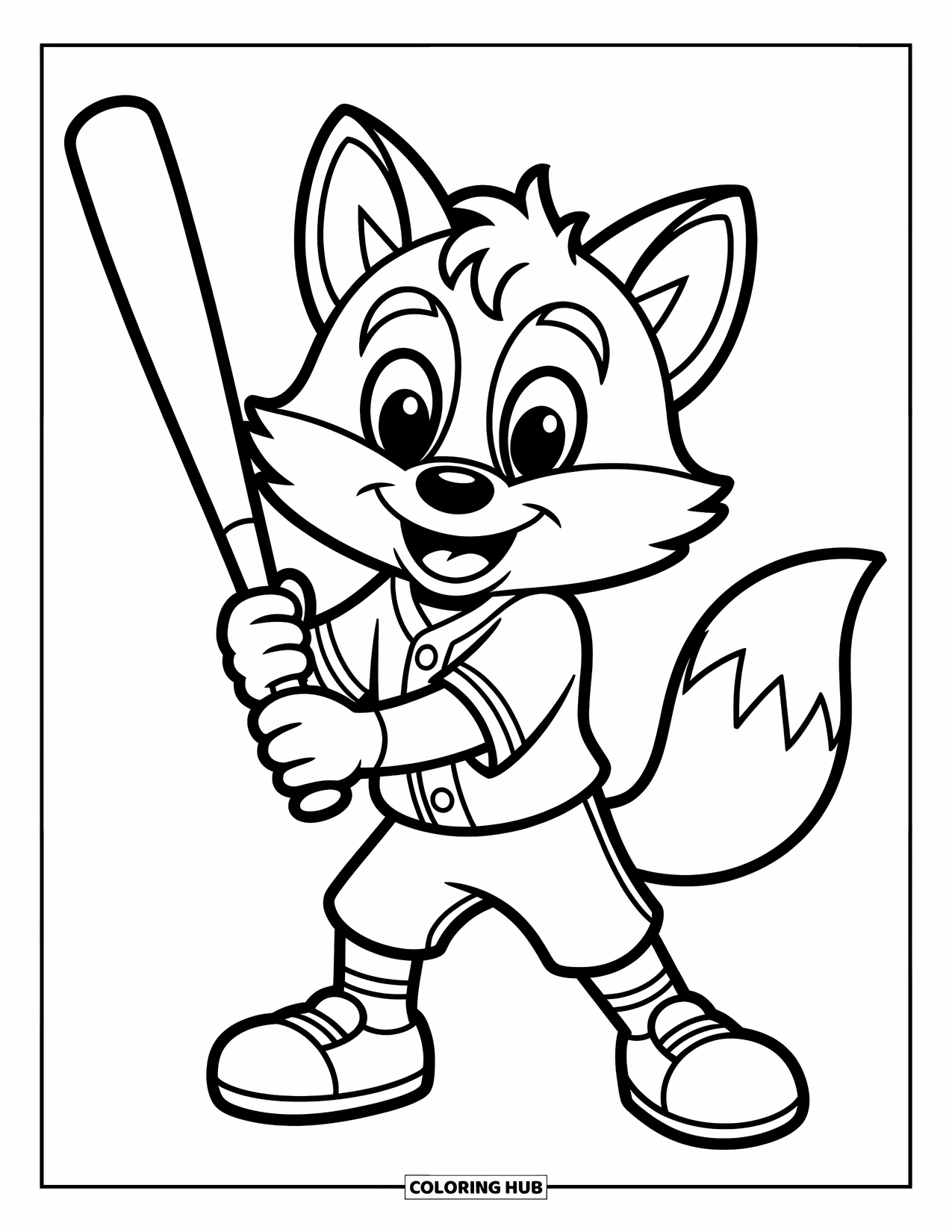 Desen de colorat cu baseball pentru copii: O mascotă vulpe veselă cu o bâtă stă cu încredere, arătând bucurie și farmec