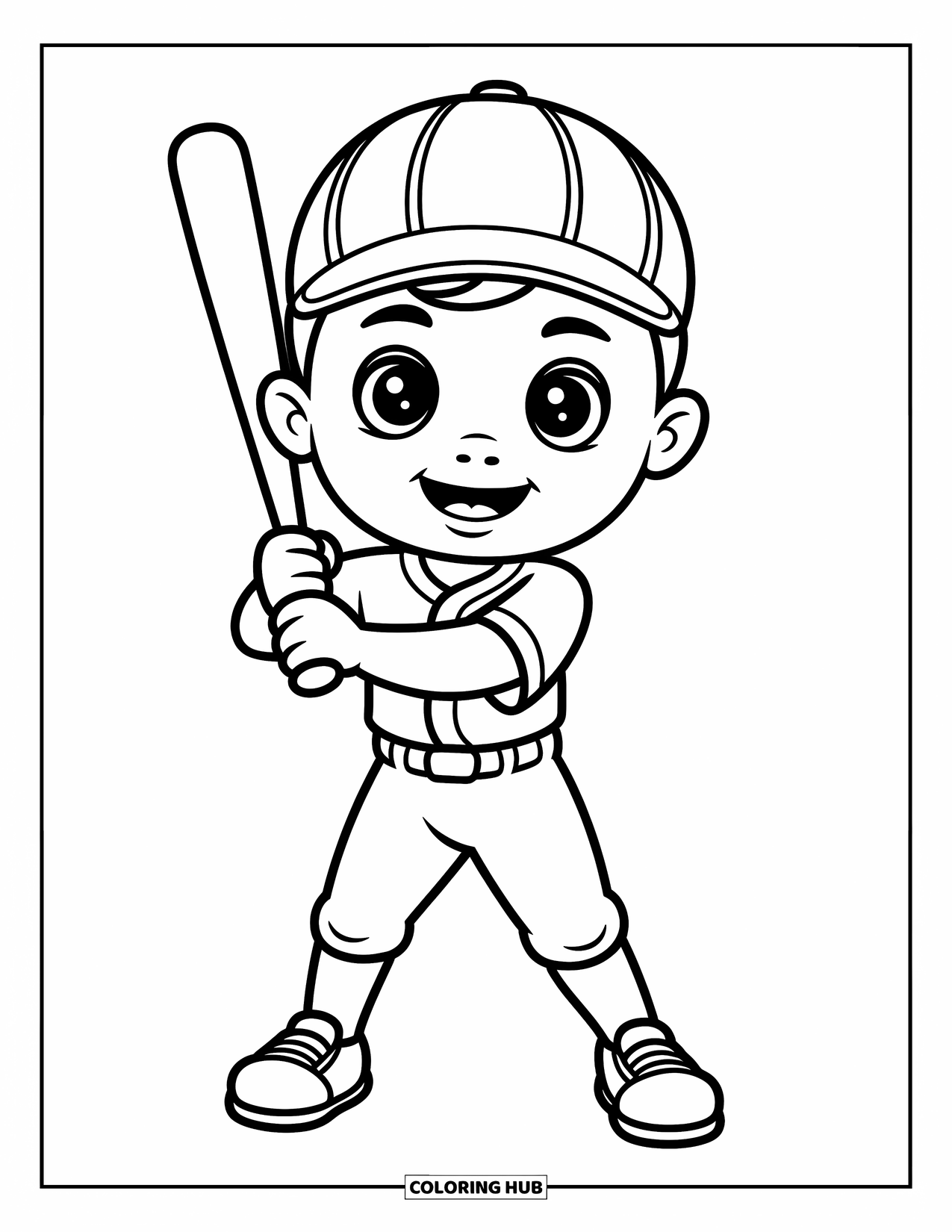 Desen de colorat cu baseball pentru copii: Un jucător vesel ține o bâtă, înconjurat de nori moi și un câmp curbat