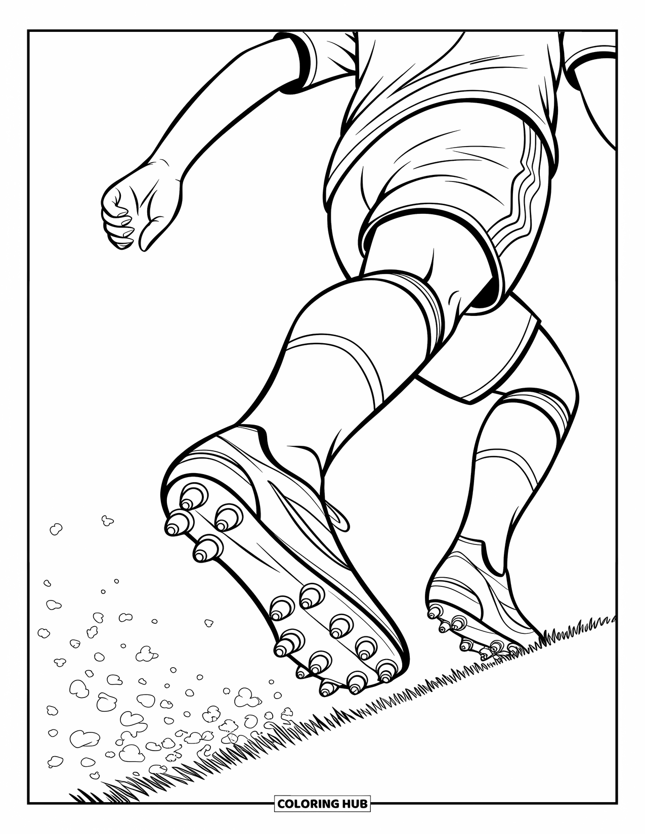 Desen de colorat cu baseball pentru copii: Un prim-plan al crampoanelor de fotbal care trimit praf zburând cu fiecare pas