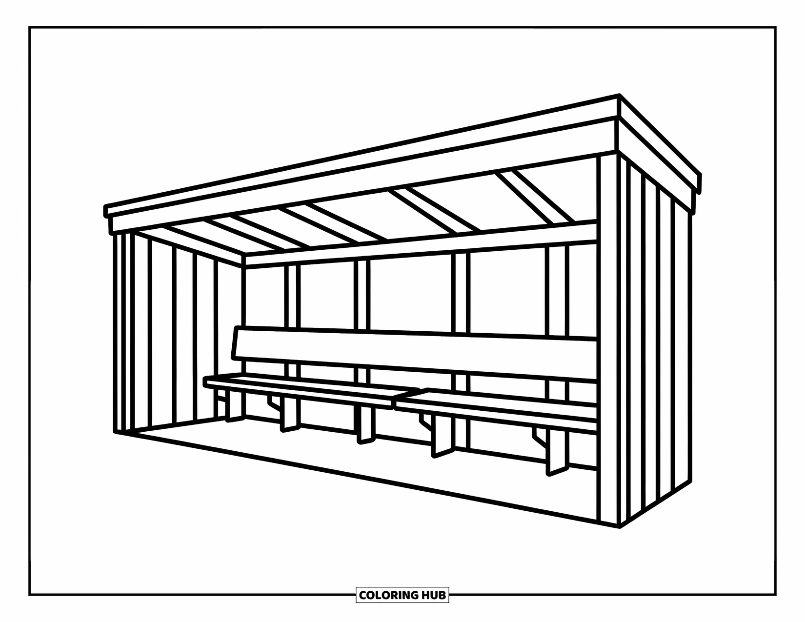 Desen de colorat cu baseball pentru copii: Un dugout confortabil cu bănci și detalii distractive