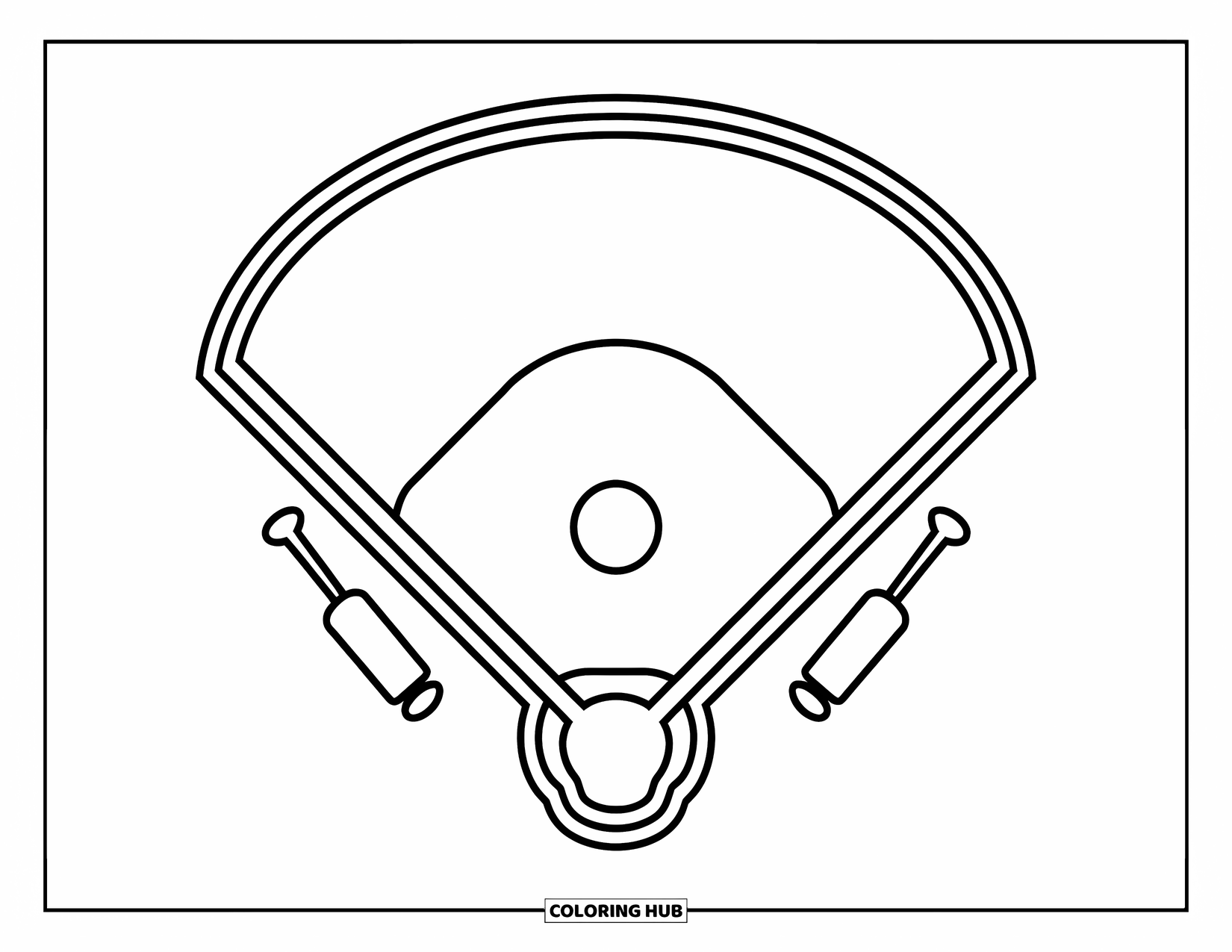 Desen de colorat cu baseball pentru copii: Un teren cu baze și un aspect moale, primitor