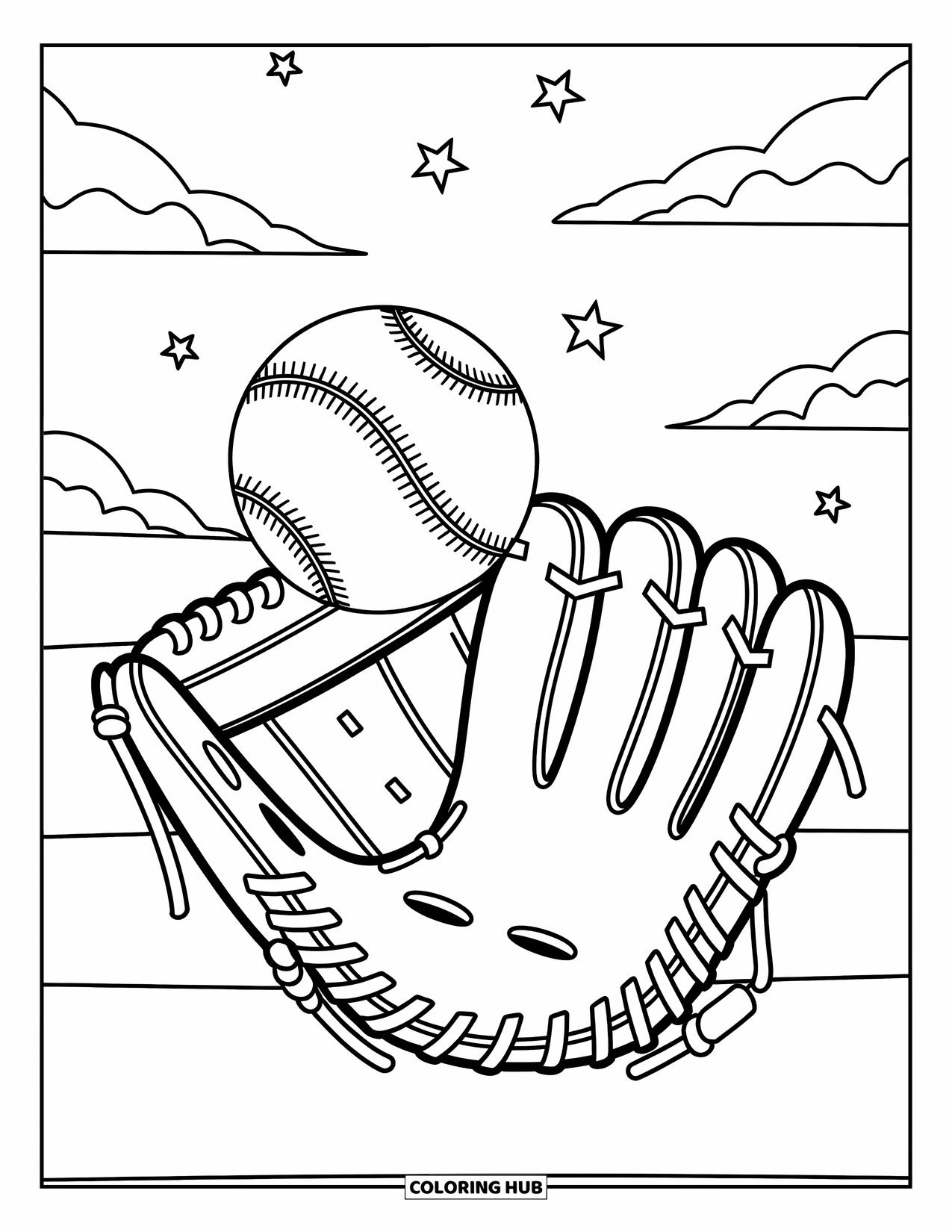 Desen de colorat cu baseball pentru copii: O mănușă prinde o minge cu vârtejuri și forme mici, jucăușe în fundal