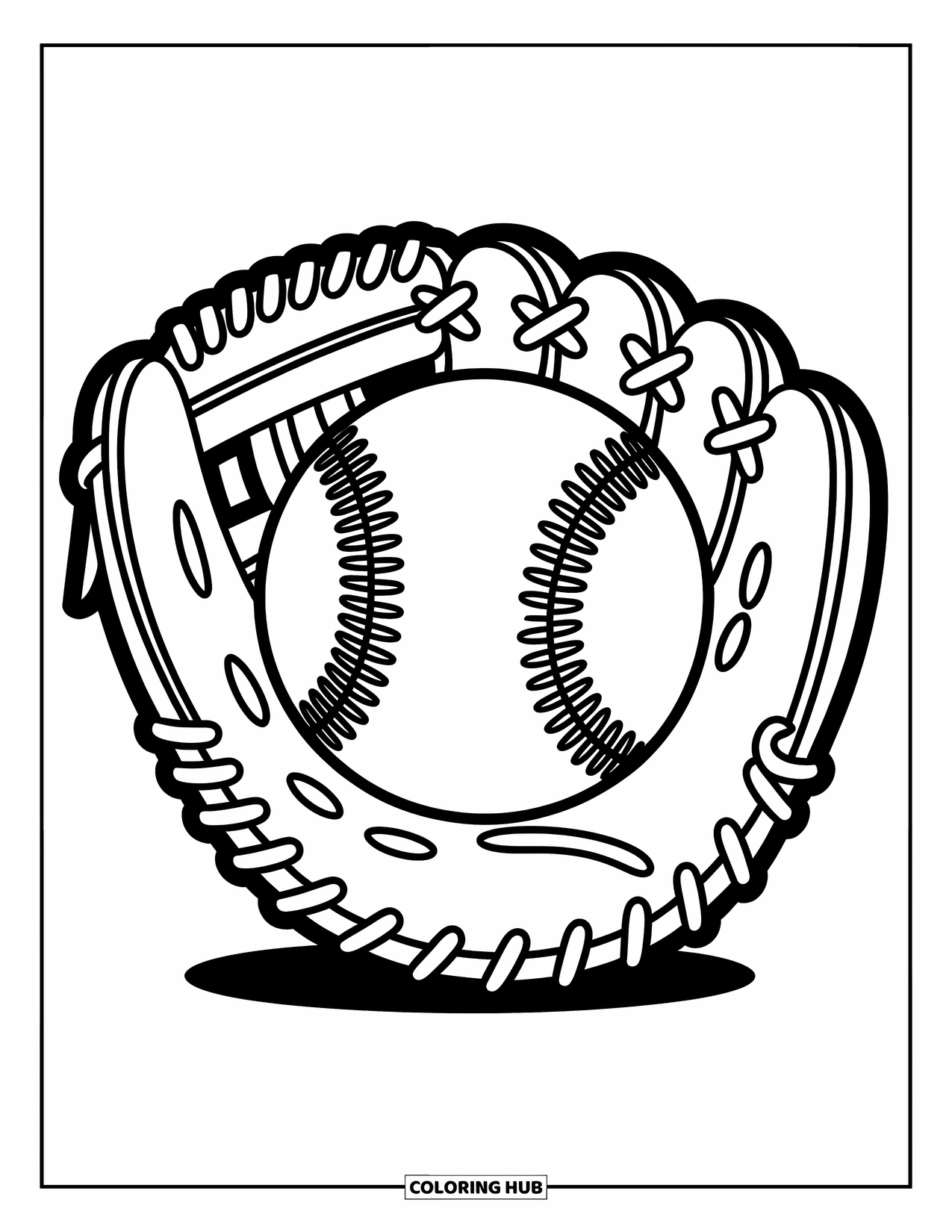 Desen de colorat cu baseball pentru copii: O mănușă ține o minge de baseball mare, cu linii vesele și simple