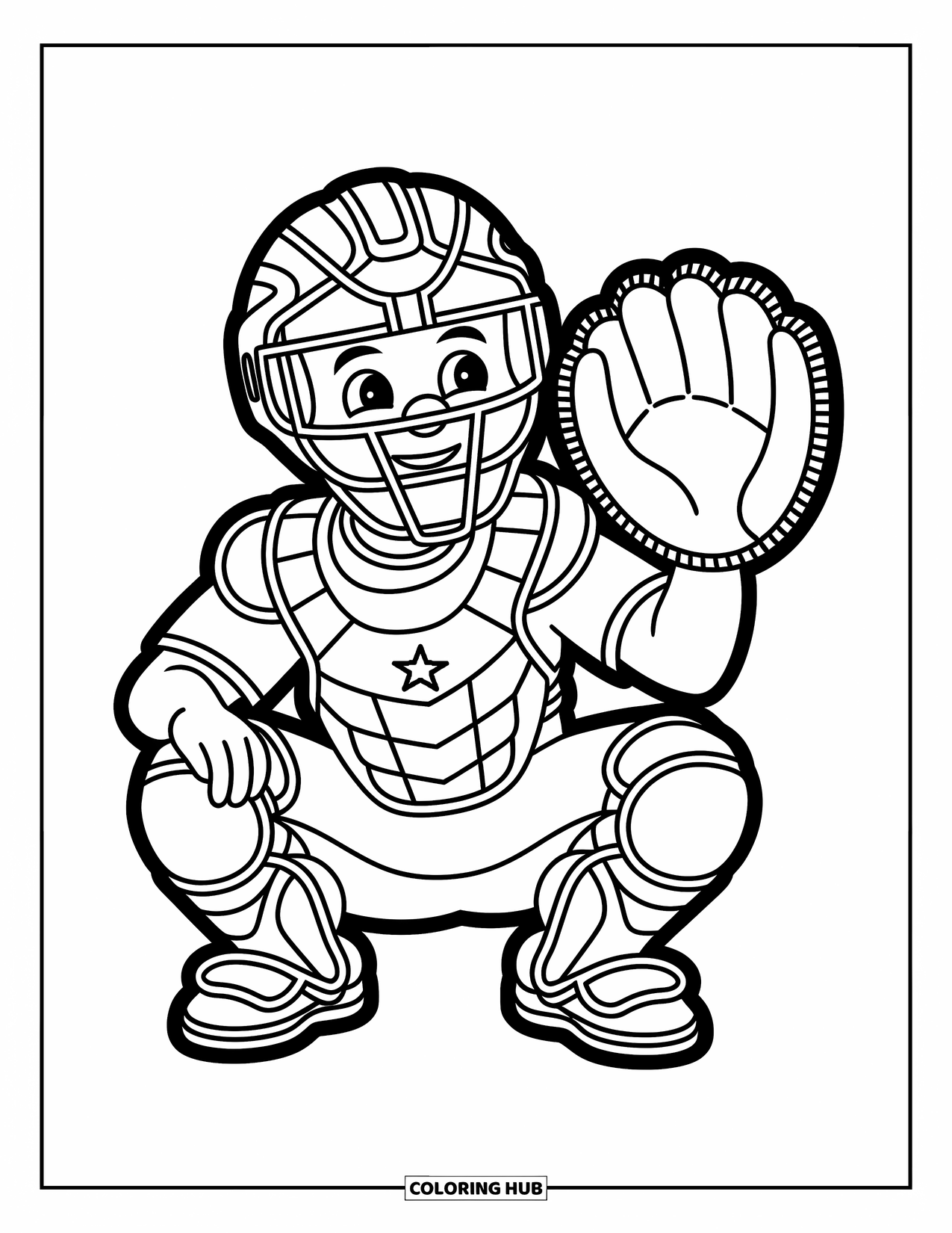 Desen de colorat cu baseball pentru copii: Un catcher fericit stă ghemuit cu o mănușă deschisă și stele jucăușe în apropiere