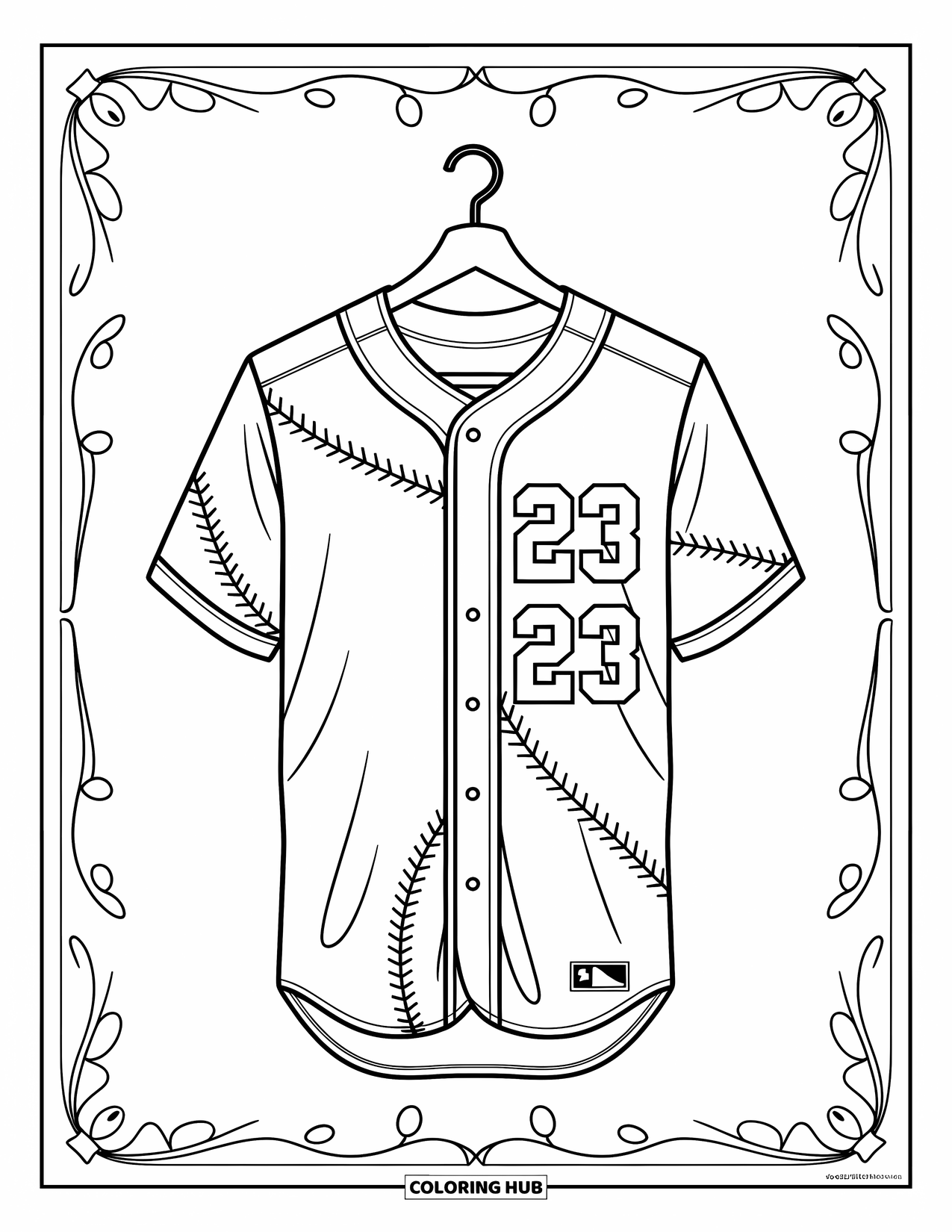 Desen de colorat cu baseball pentru copii: Un tricou cu numărul 23 atârnă, înconjurat de modele și tipare jucăușe, moi