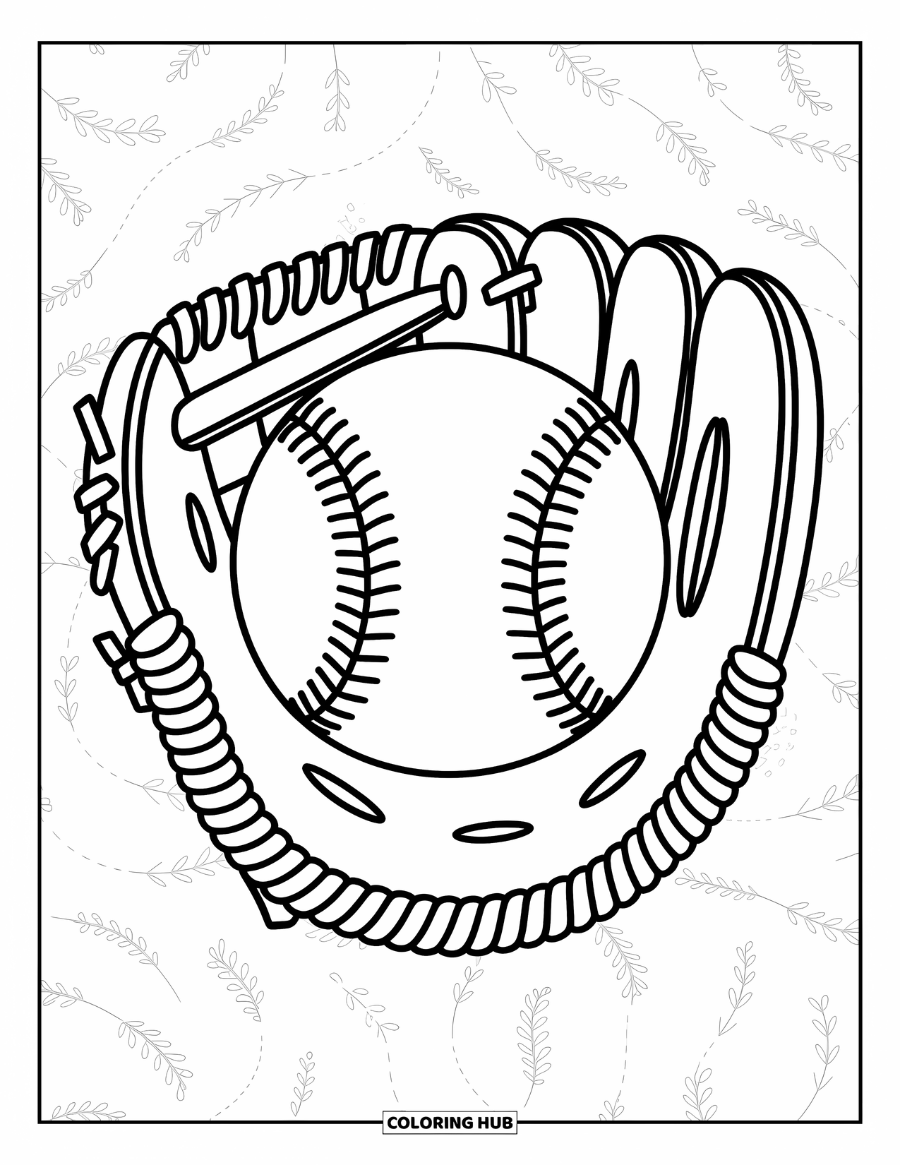 Desen de colorat cu baseball pentru copii: O minge de baseball mare așezată în interiorul unei mănuși deschise cu modele jucăușe în jur