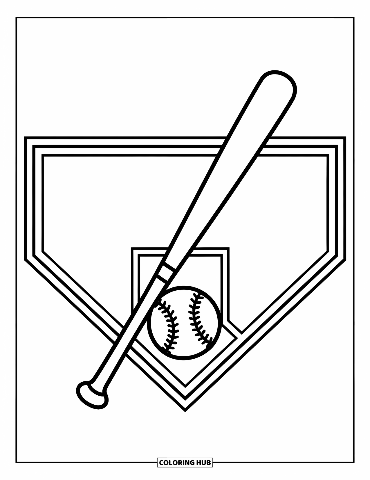 Desen de colorat cu baseball pentru copii: O placă de bază mare, cu o bâtă și o minge așezate ordonat deasupra