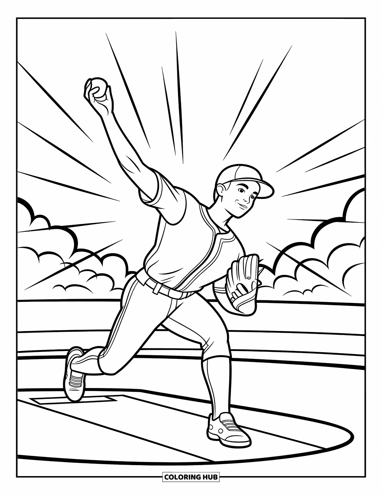 Desen de colorat cu baseball pentru copii: Un aruncător la mijlocul aruncării arată o mișcare puternică cu linii jucăușe și un câmp distractiv în jur