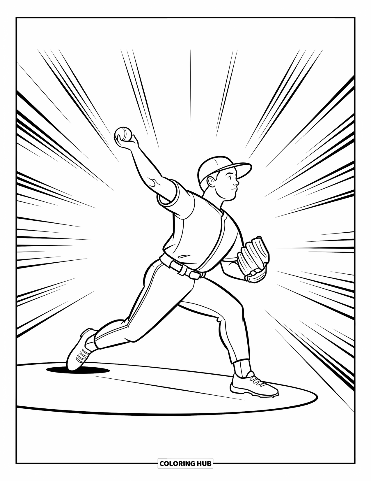 Desen de colorat cu baseball pentru copii: Un aruncător eliberează mingea cu linii de mișcare și pliuri clare în tricoul său