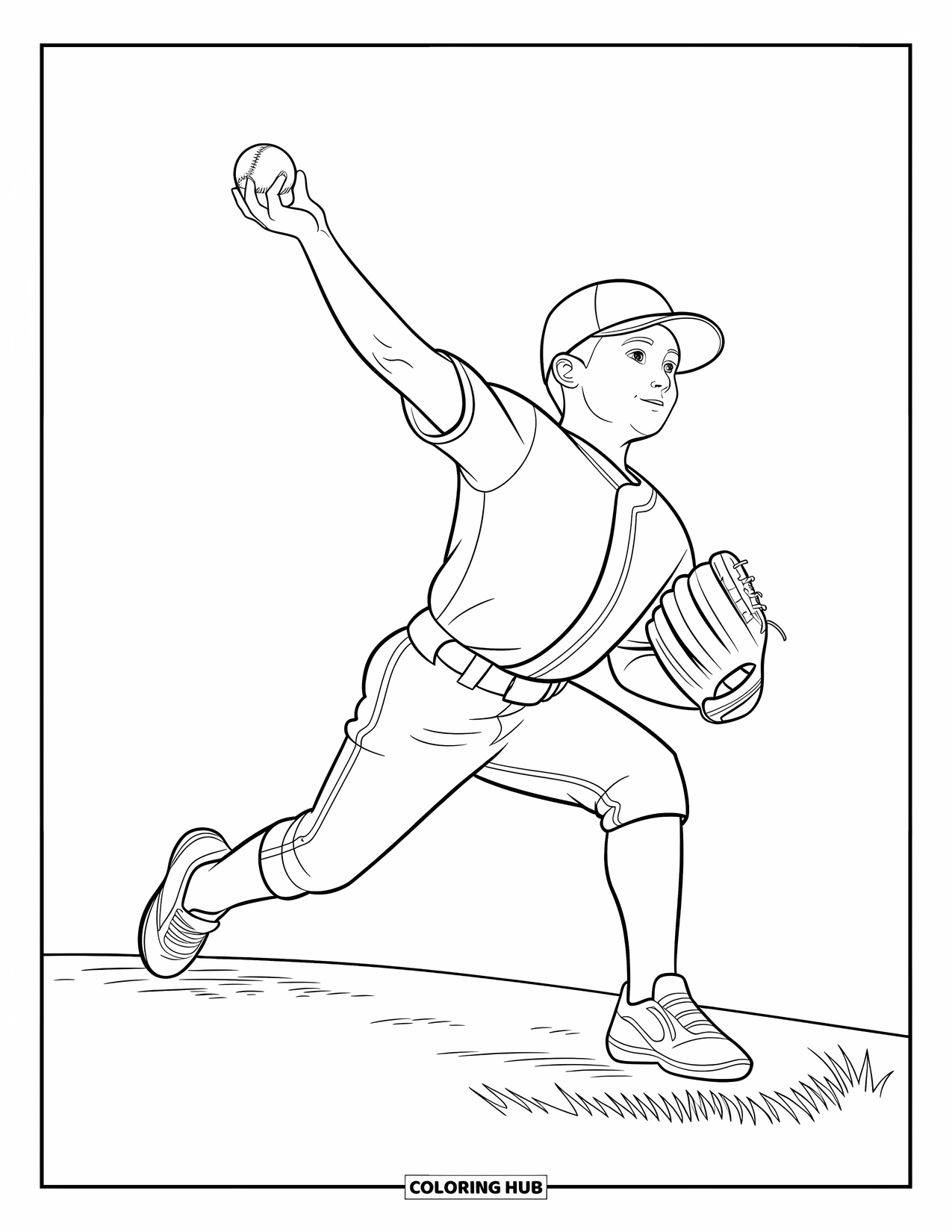 Desen de colorat cu baseball pentru copii: Un aruncător aruncă mingea cu linii de mișcare învârtite și pliuri în uniforma sa