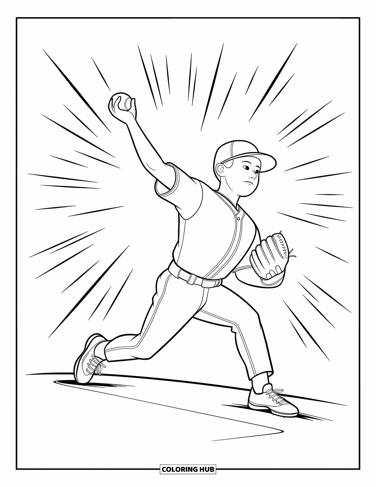 Desen de colorat cu baseball pentru copii: Un aruncător aruncă cu o concentrare hotărâtă, înconjurat de linii jucăușe care arată energie