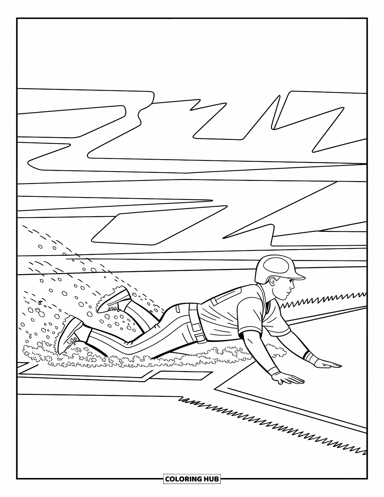 Desen de colorat cu baseball pentru copii: Un jucător alunecă spre casă cu nori de praf învârtindu-se și o expresie hotărâtă