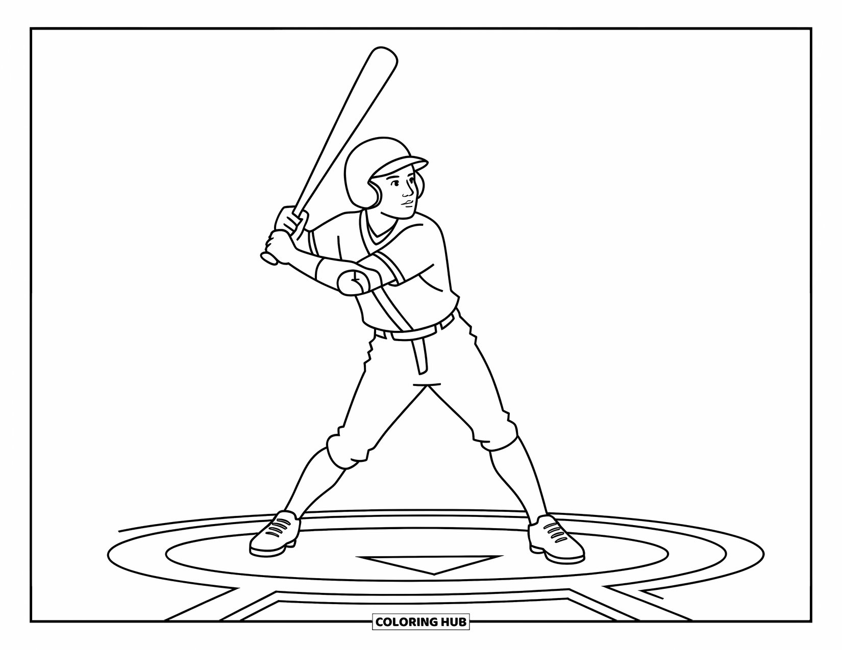 Desen de colorat cu baseball pentru copii: Un jucător învârte o bâtă în cercul de așteptare cu modele jucăușe și linii ușoare de mișcare