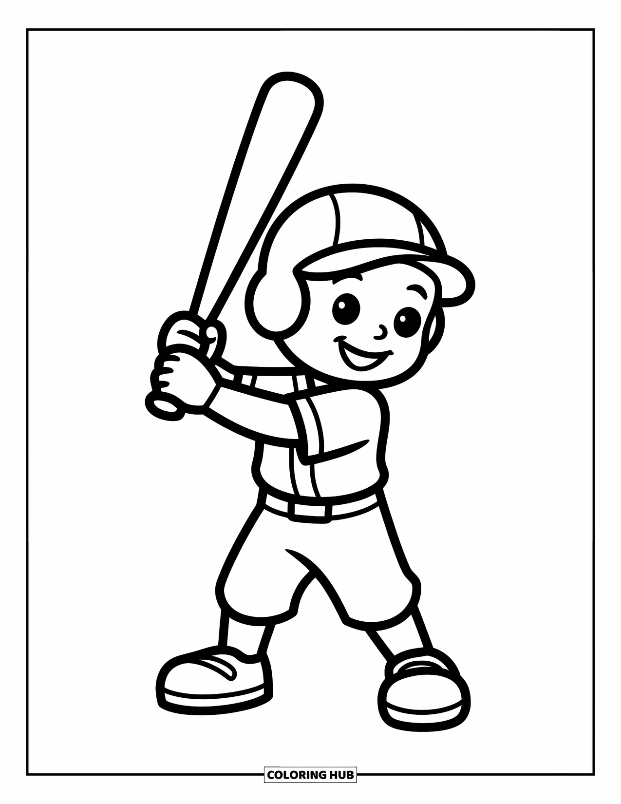 Desen de colorat cu baseball pentru copii: Un jucător de baseball jucăuș stă cu o bâtă ridicată, gata să lovească