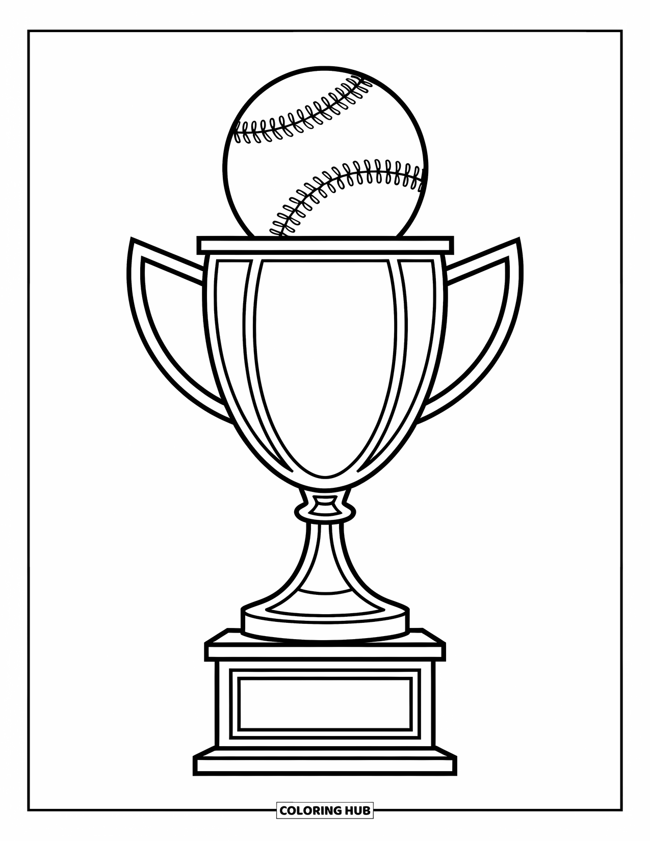 Desen de colorat cu baseball pentru copii: Un trofeu jucăuș cu o minge de baseball deasupra stă pe un piedestal