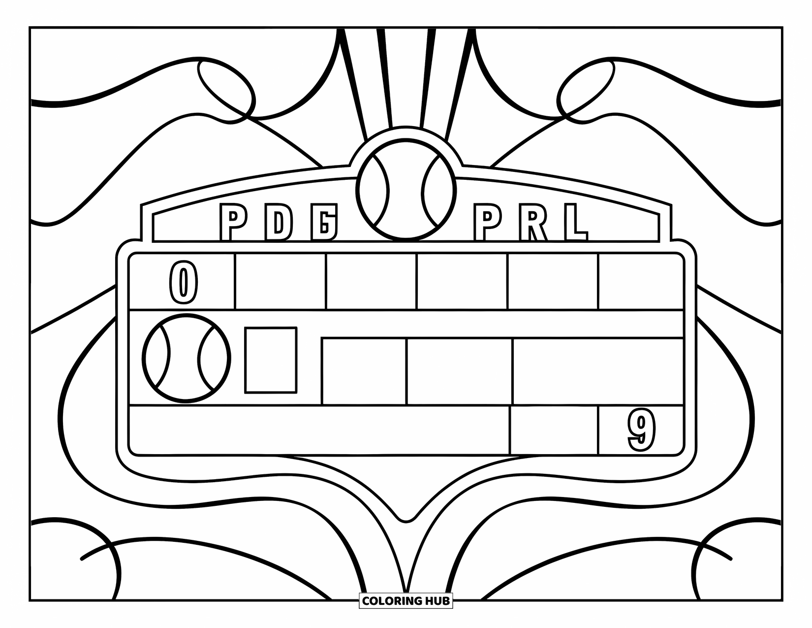 Desen de colorat cu baseball pentru copii: Un tabel de marcaj cu numere mari și curbe distractive