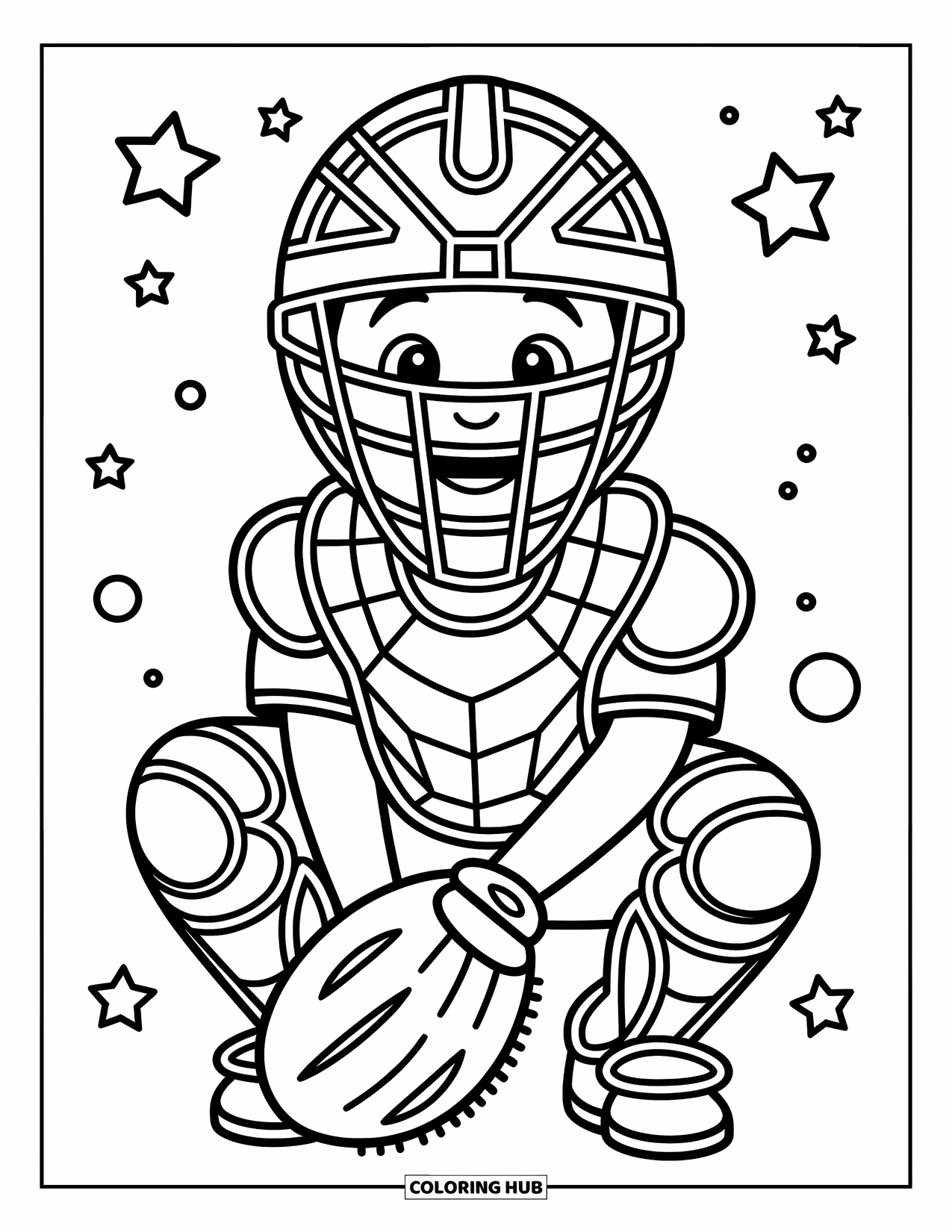 Desen de colorat cu baseball pentru copii: Un catcher zâmbitor stă ghemuit cu o mănușă deschisă, gata pentru minge