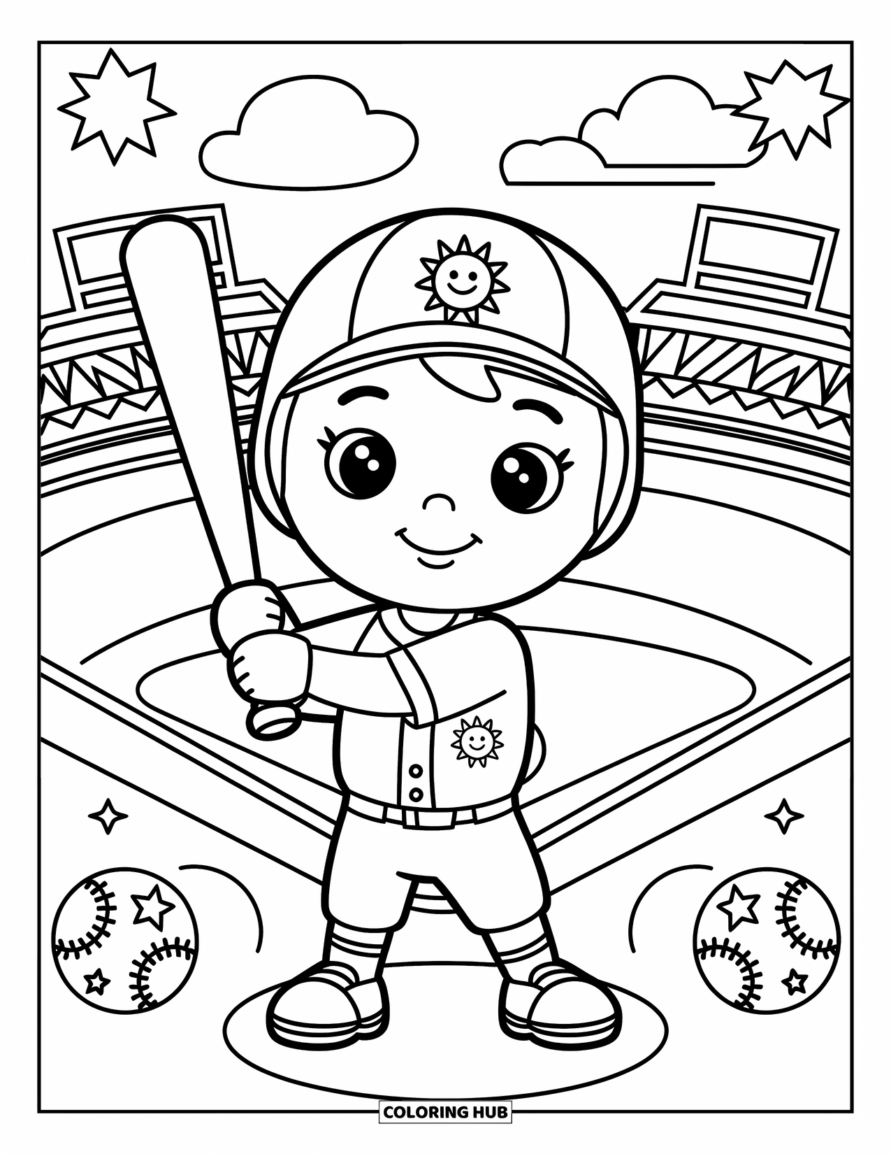 Desen de colorat cu baseball pentru copii: Un jucător zâmbitor ține o bâtă cu stele distractive și un stadion jucăuș în spate