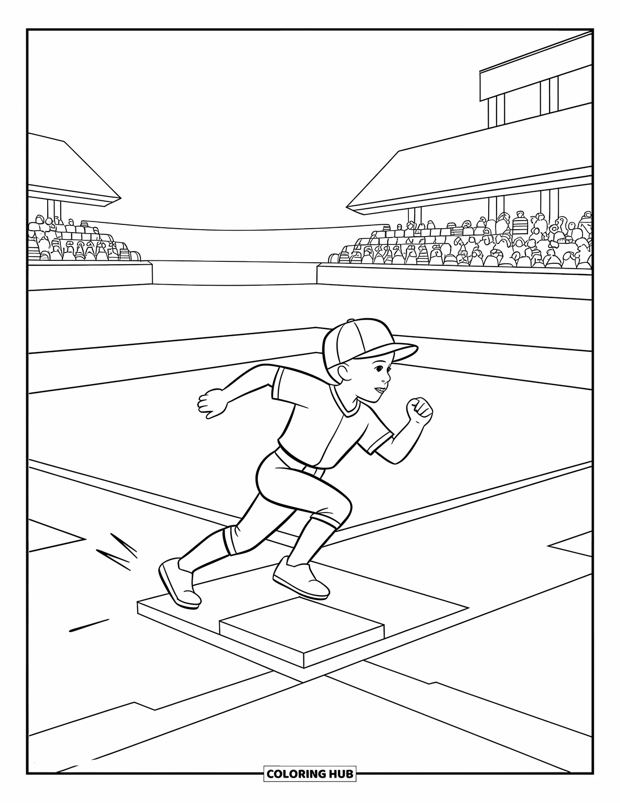 Desen de colorat cu baseball pentru copii: Un jucător tânăr aleargă pe teren cu tribune prietenoase și baze la vedere