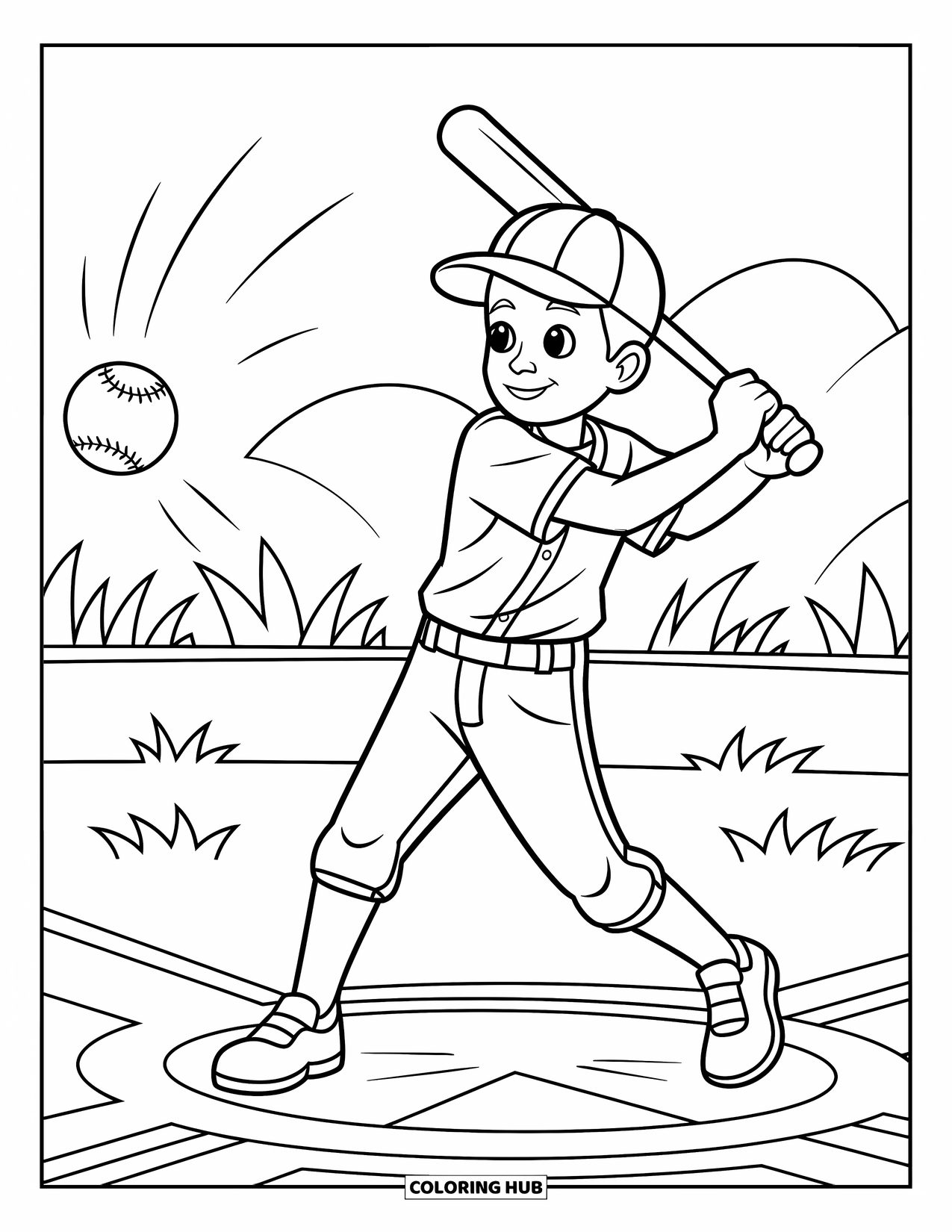 Desen de colorat cu baseball pentru copii: Un jucător tânăr lovește o minge cu linii de mișcare care arată entuziasm