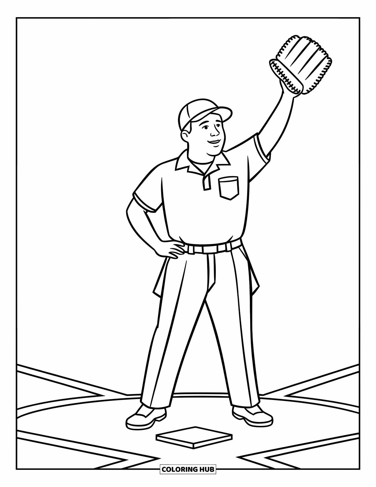Desen de colorat cu baseball pentru copii: Un arbitru stă lângă placa de bază cu o mână sus și atingeri distractive în jur