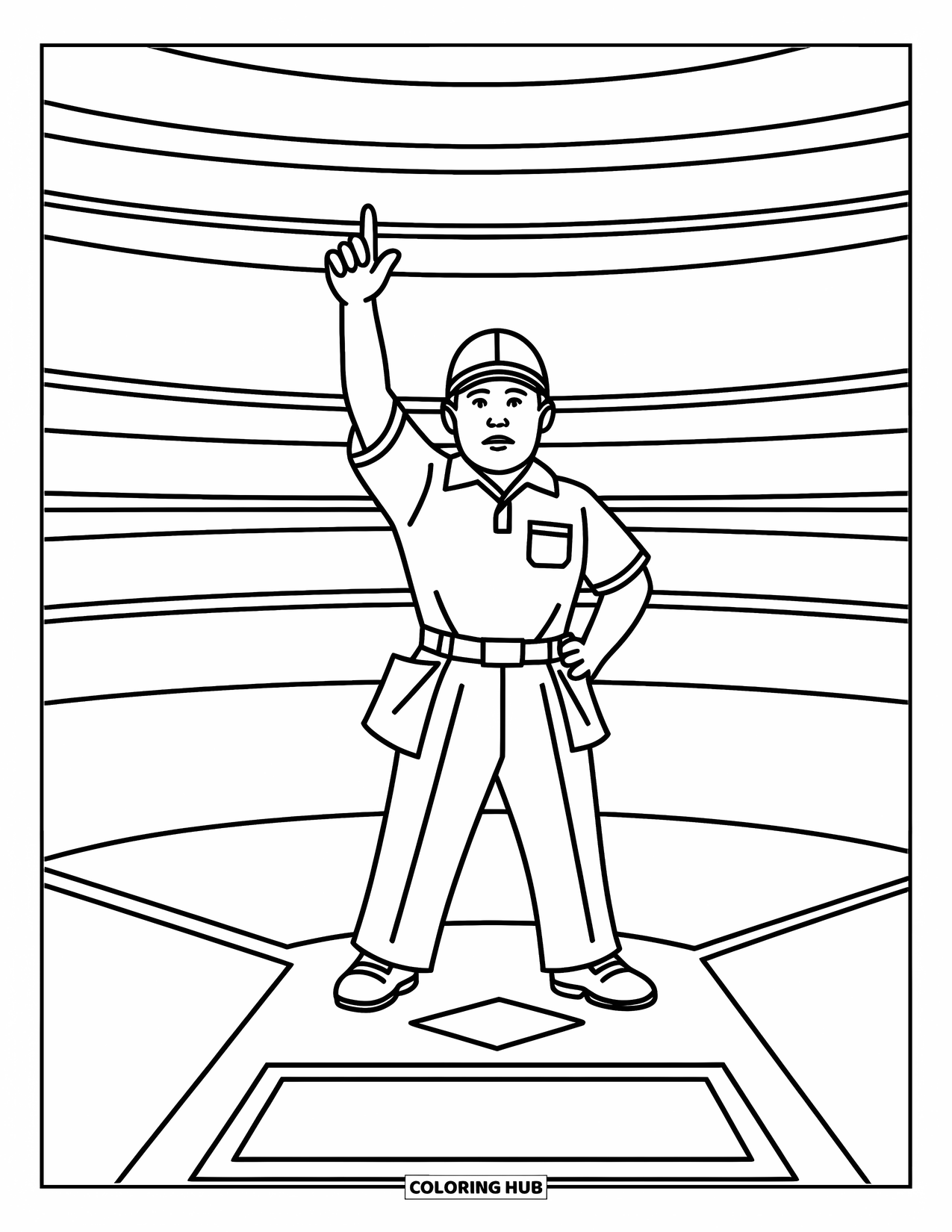 Desen de colorat cu baseball pentru copii: Un arbitru stă lângă placa de bază cu o mână ridicată într-o chemare clară