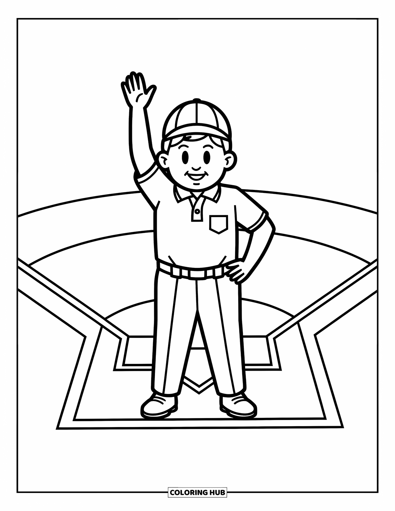 Desen de colorat cu baseball pentru copii: Un arbitru stă lângă placa de bază cu o mână ridicată, gata să ia o decizie