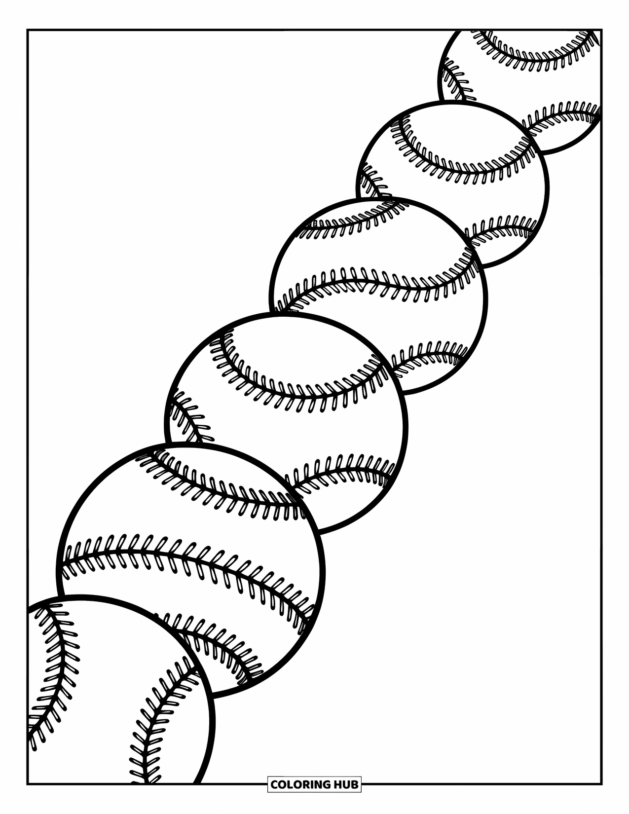 Desen de colorat cu baseball pentru copii: Mingi de baseball aliniate cu cusături jucăușe și modele distractive