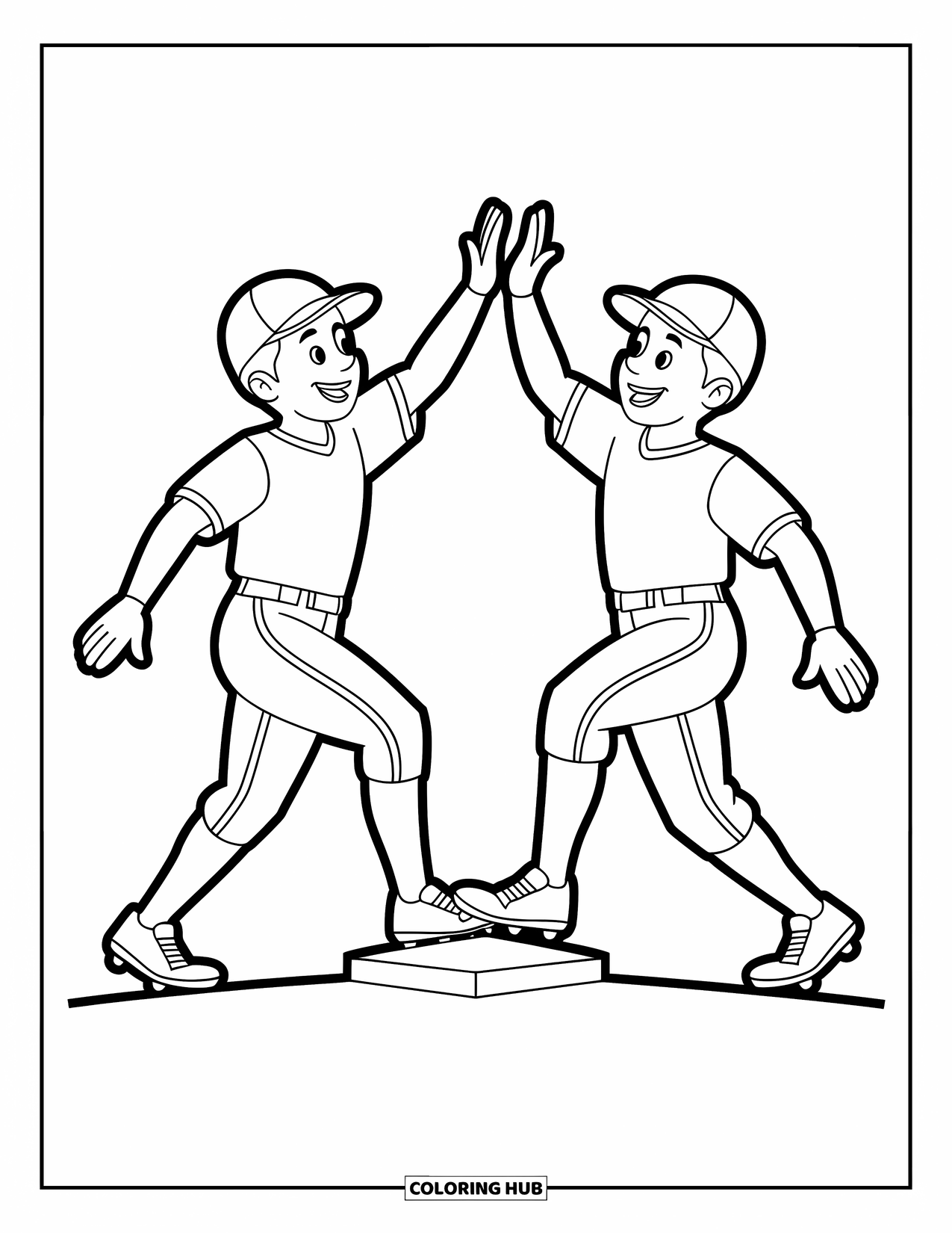 Desen de colorat cu baseball pentru copii: Doi jucători de baseball împărtășesc un high-five vesel lângă o bază