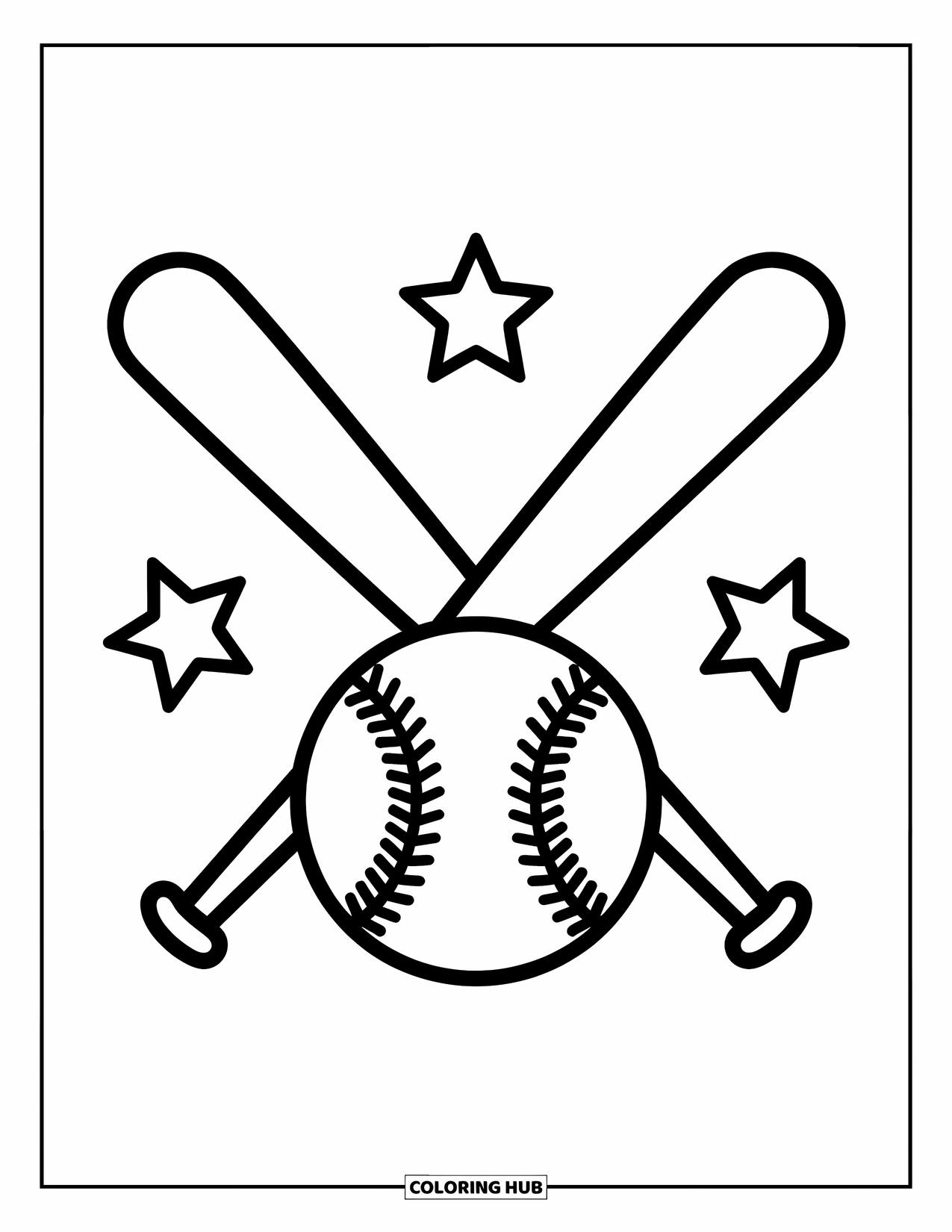 Desen de colorat cu baseball pentru copii: Două bâte se încrucișează în spatele unei mingi de baseball, cu stele blânde care înconjoară scena
