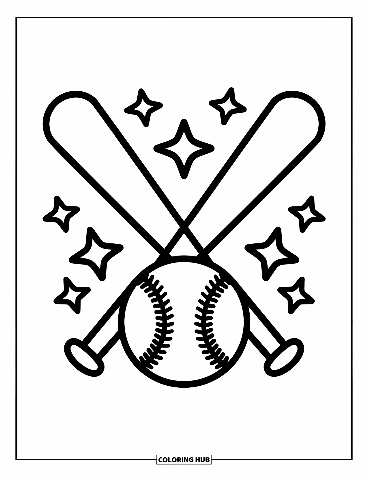 Desen de colorat cu baseball pentru copii: Două bâte încrucișate în spatele unei mingi de baseball sunt înconjurate de stele jucăușe