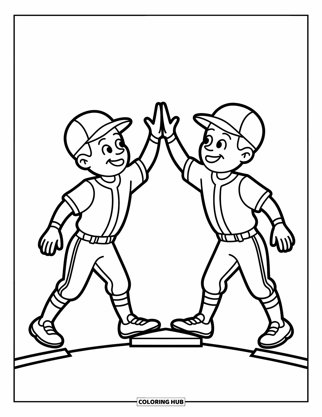 Desen de colorat cu baseball pentru copii: Doi jucători sărbătoresc cu un high-five lângă o bază, plini de distracție și mișcare