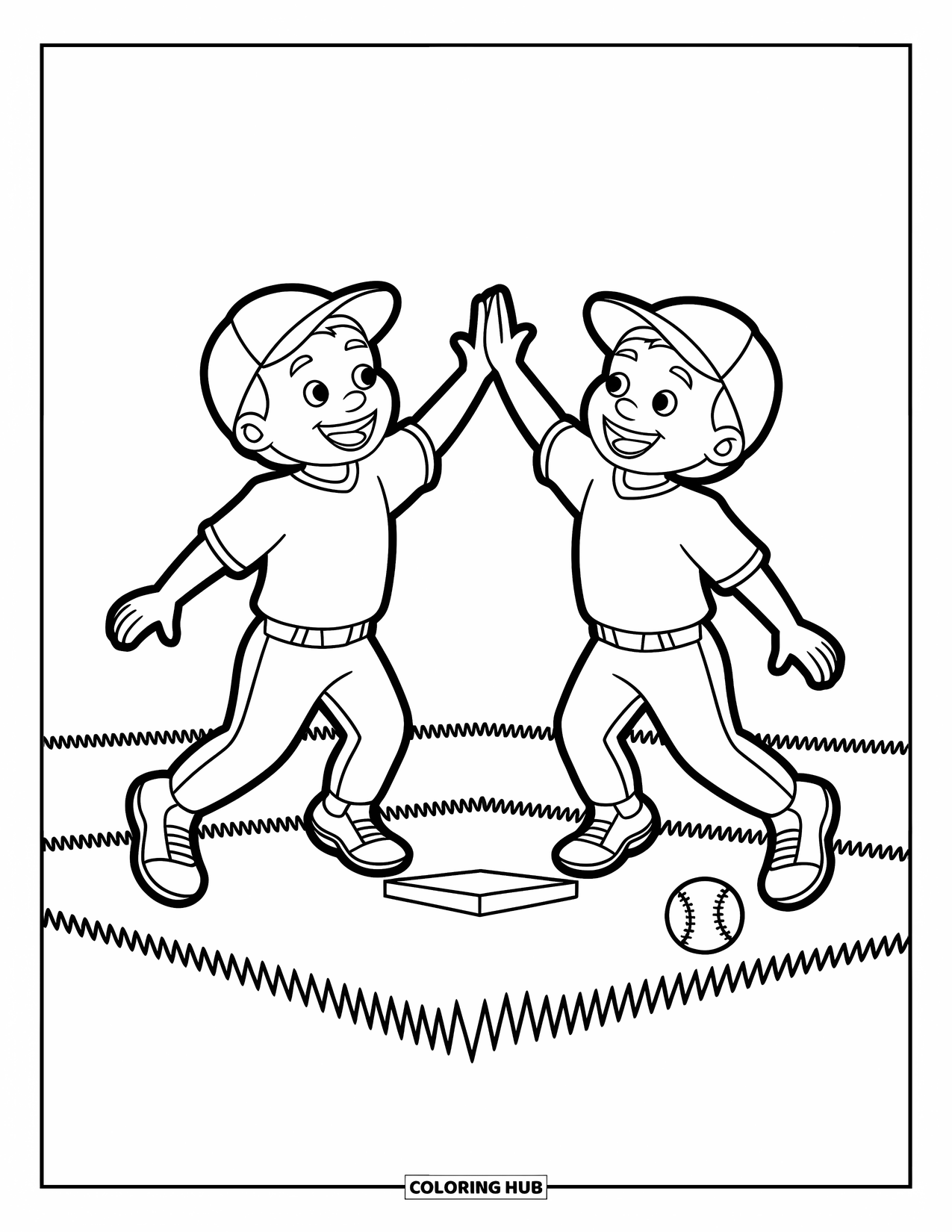Desen de colorat cu baseball pentru copii: Doi jucători își dau high-five lângă bază cu fețe entuziaste și energie jucăușă