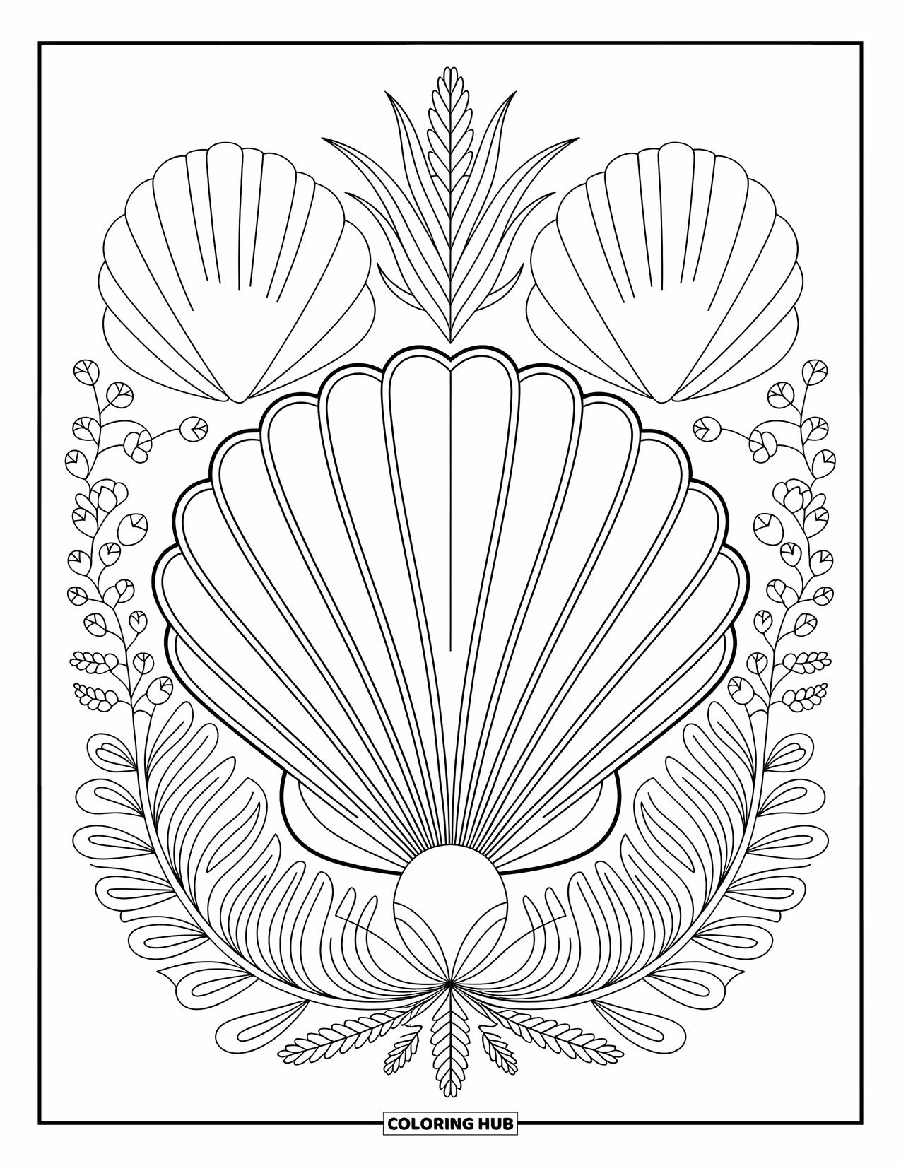 Desenho de Praia para Colorir para Adultos: Uma concha lindamente simétrica com delicados enfeites inspirados no oceano