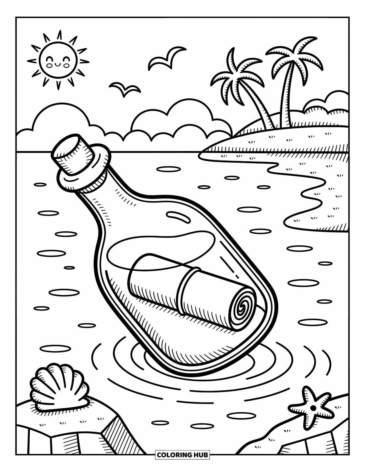 Desenho de Praia para Colorir para Adultos: Uma garrafa com um bilhete enrolado flutua perto de uma costa rochosa
