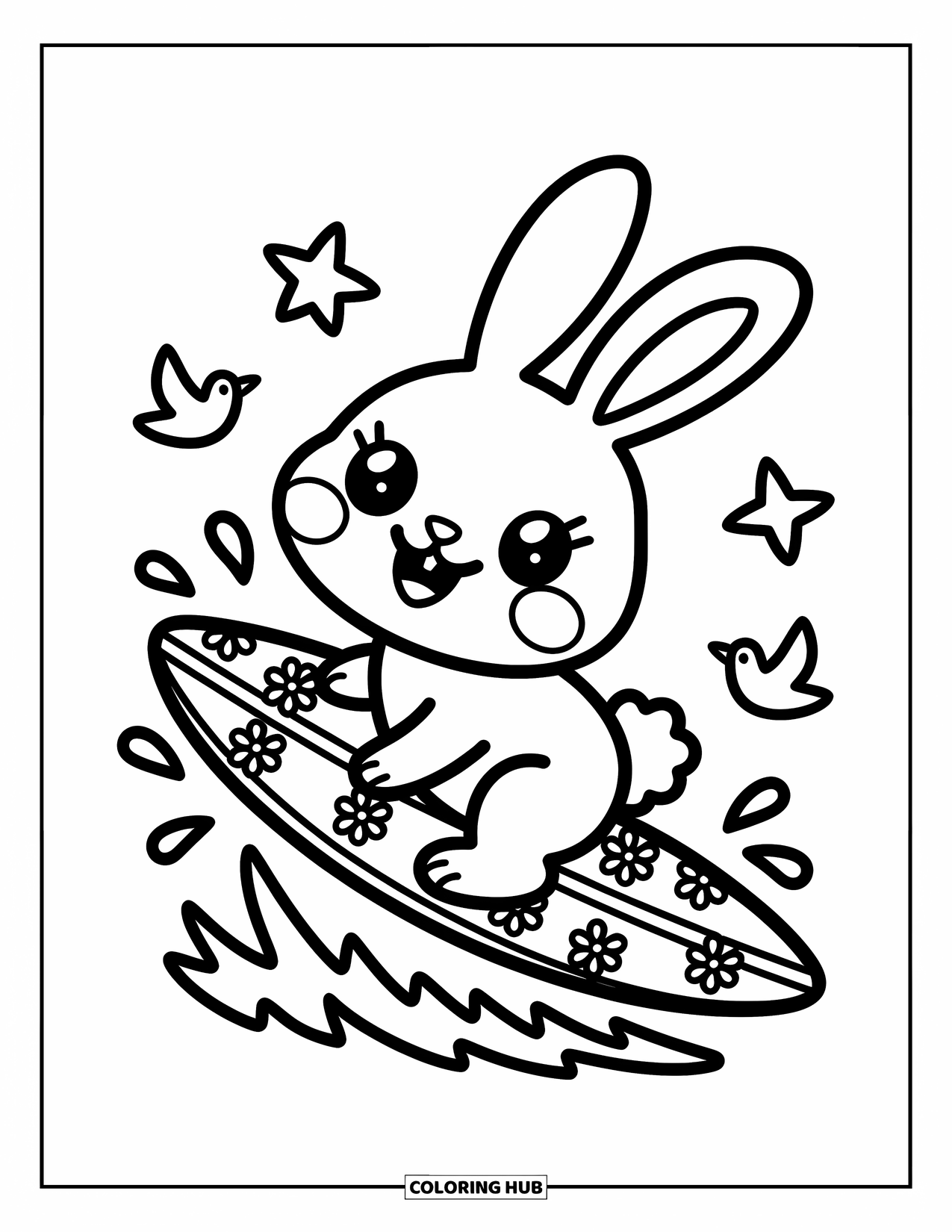 Desenho de Praia para Colorir para Adultos: Um coelho surfista se equilibra em uma prancha pequena, aproveitando as ondas do oceano