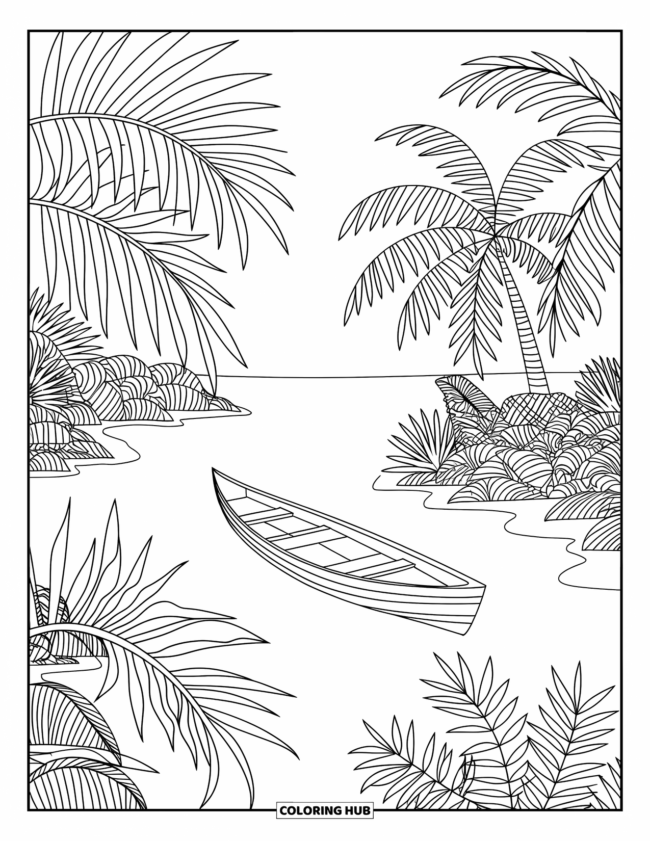 Desenho de Praia para Colorir para Adultos: Uma lagoa calma com uma canoa de madeira flutuando entre a exuberante folhagem tropical