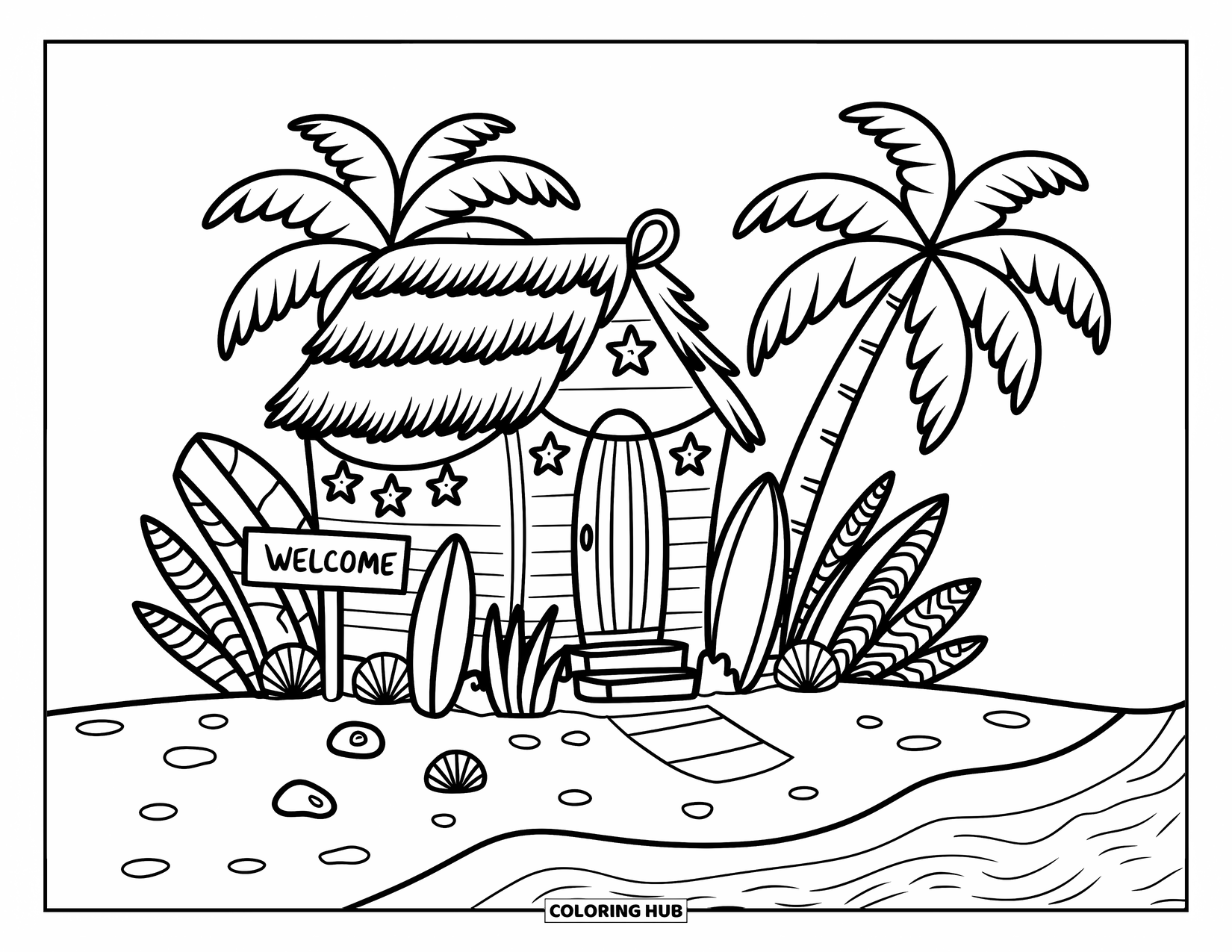 Desenho de Praia para Colorir para Adultos: Uma charmosa cabana à beira-mar com conchas e uma placa de "Bem-vindo"