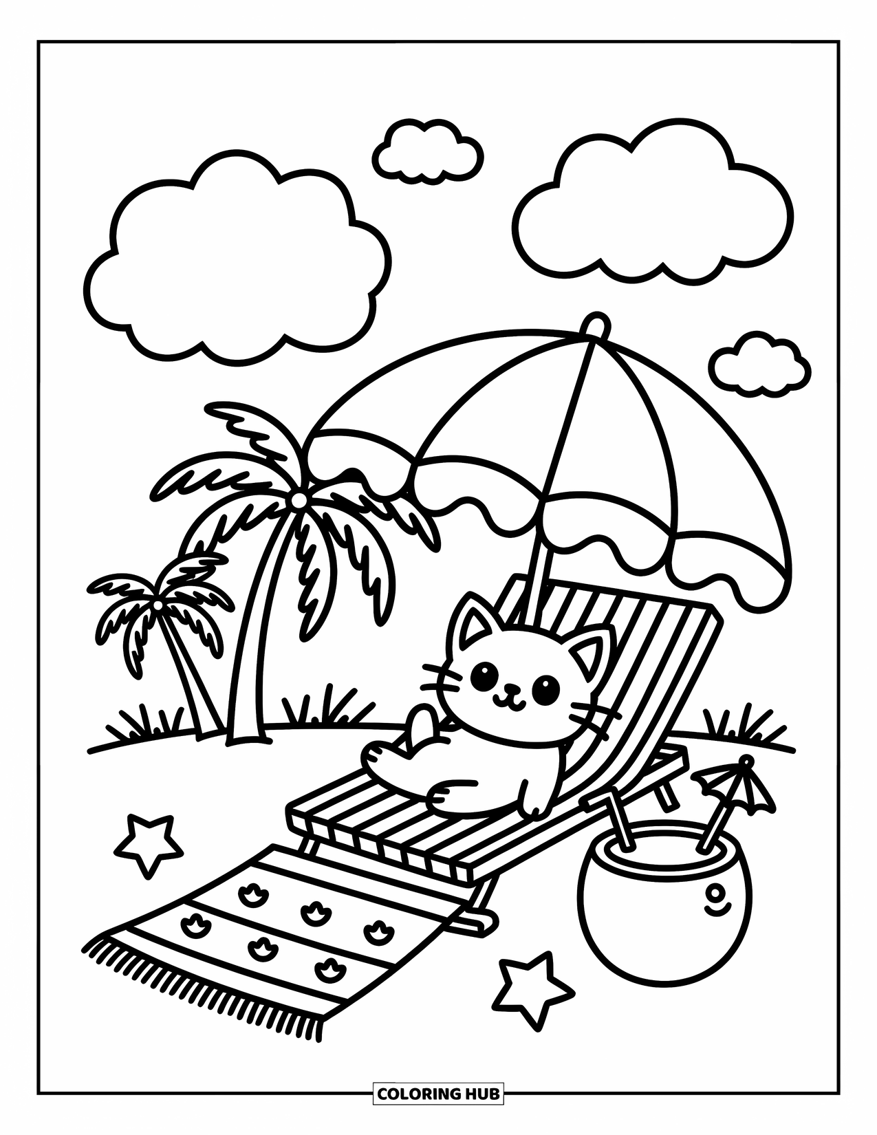 Desenho de Praia para Colorir para Adultos: Um dia de praia aconchegante com um gatinho relaxando ao lado de uma água de coco