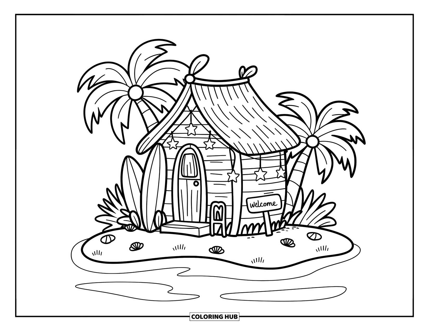 Desenho de Praia para Colorir para Adultos: Uma cabana de praia aconchegante com uma prancha de surf e palmeiras na areia