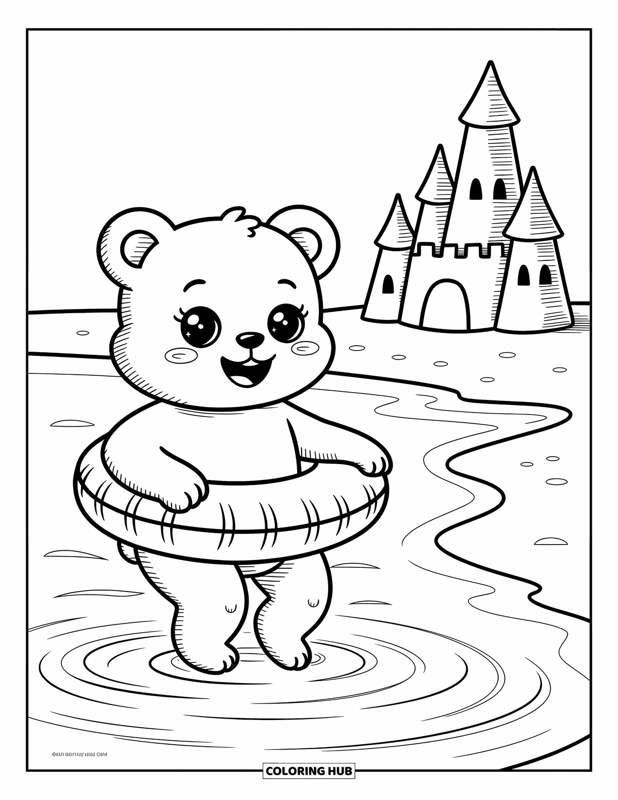 Desenho de Praia para Colorir para Adultos: Um urso fofo se diverte nas ondas, brincando com uma boia pequena