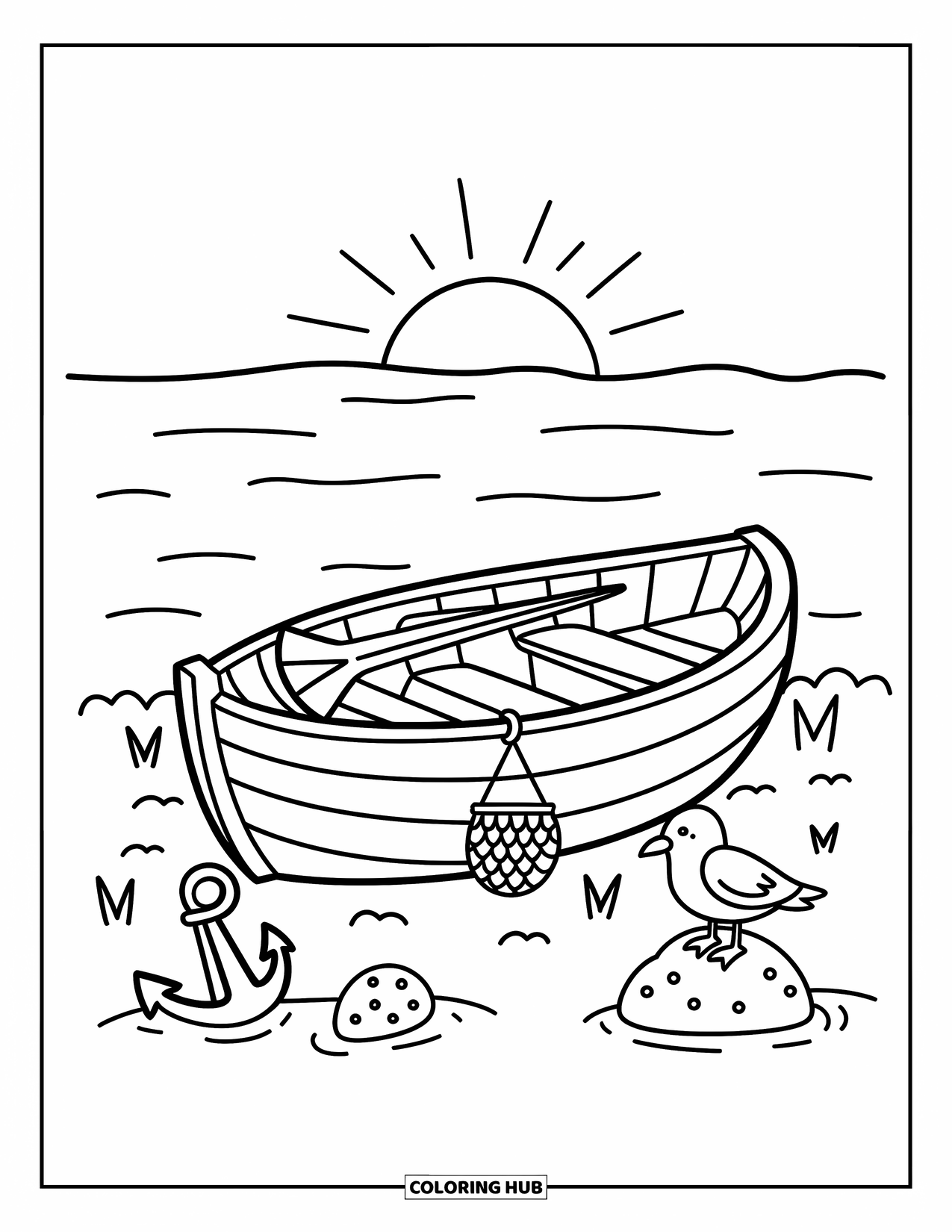 Desenho de Praia para Colorir para Adultos: Um bote fofo com remos e uma rede de pesca, descansando na praia arenosa