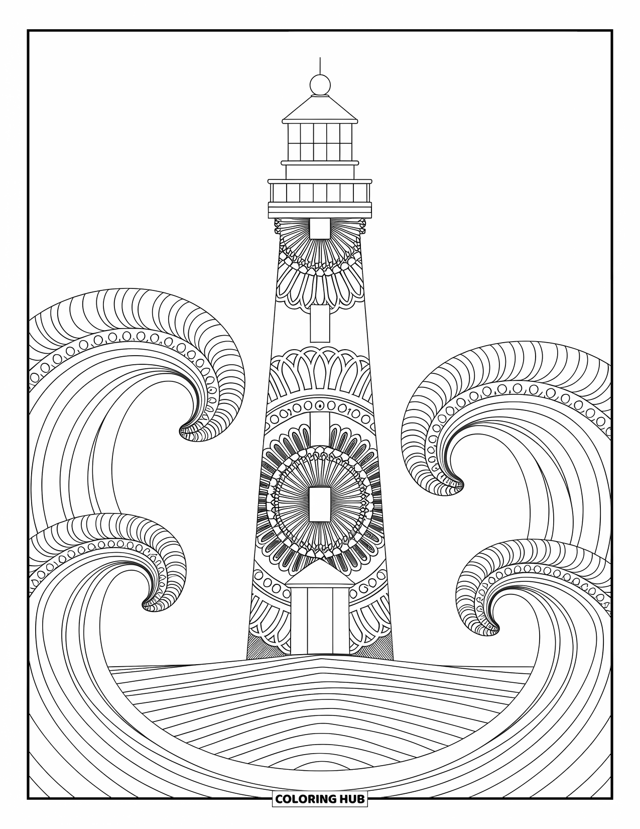 Desenho de Praia para Colorir para Adultos: Um farol detalhado ergue-se alto, cercado por ondas em estilo mandala