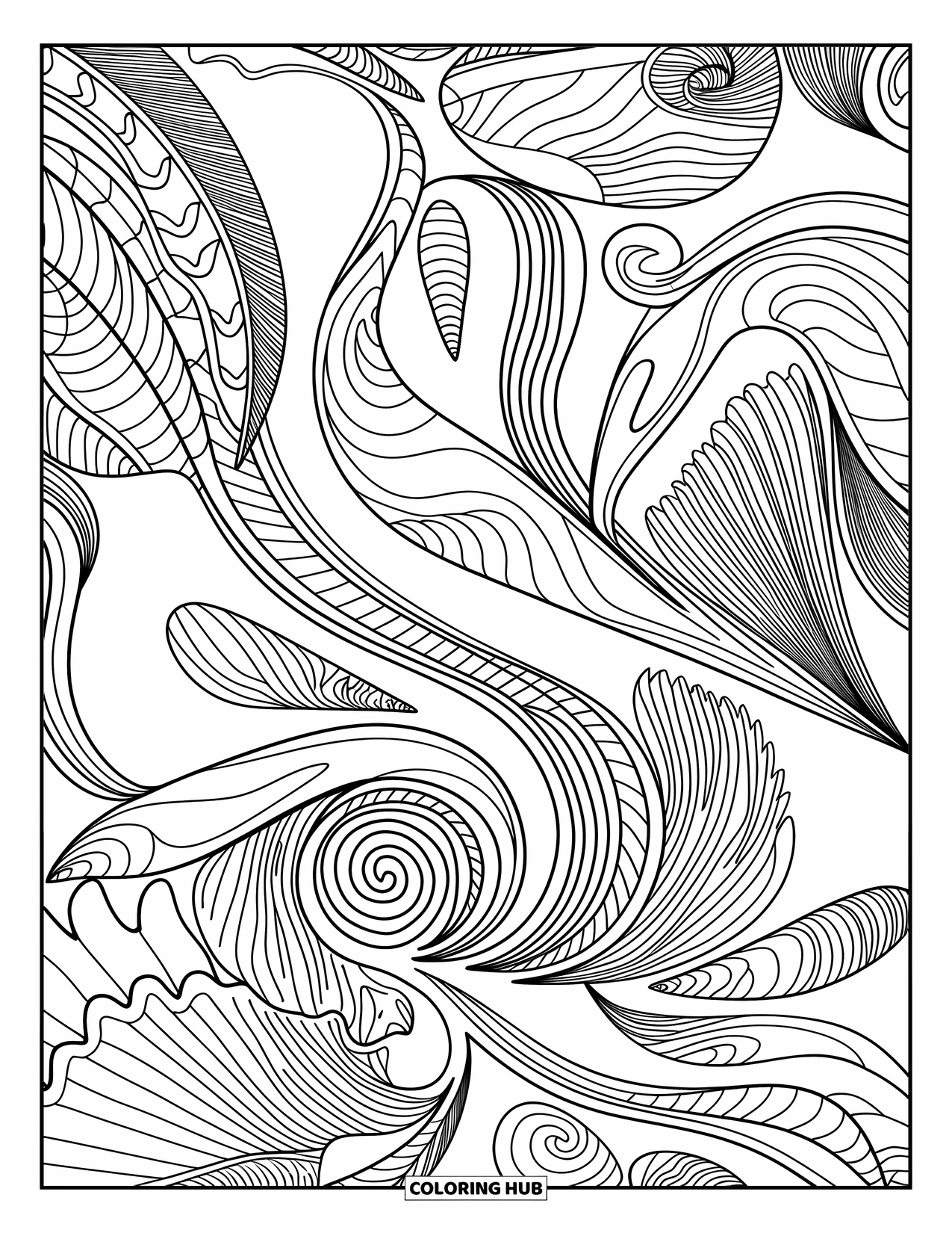 Desenho de Praia para Colorir para Adultos: Um padrão paisley fluido com tema oceânico e elementos rodopiantes detalhados