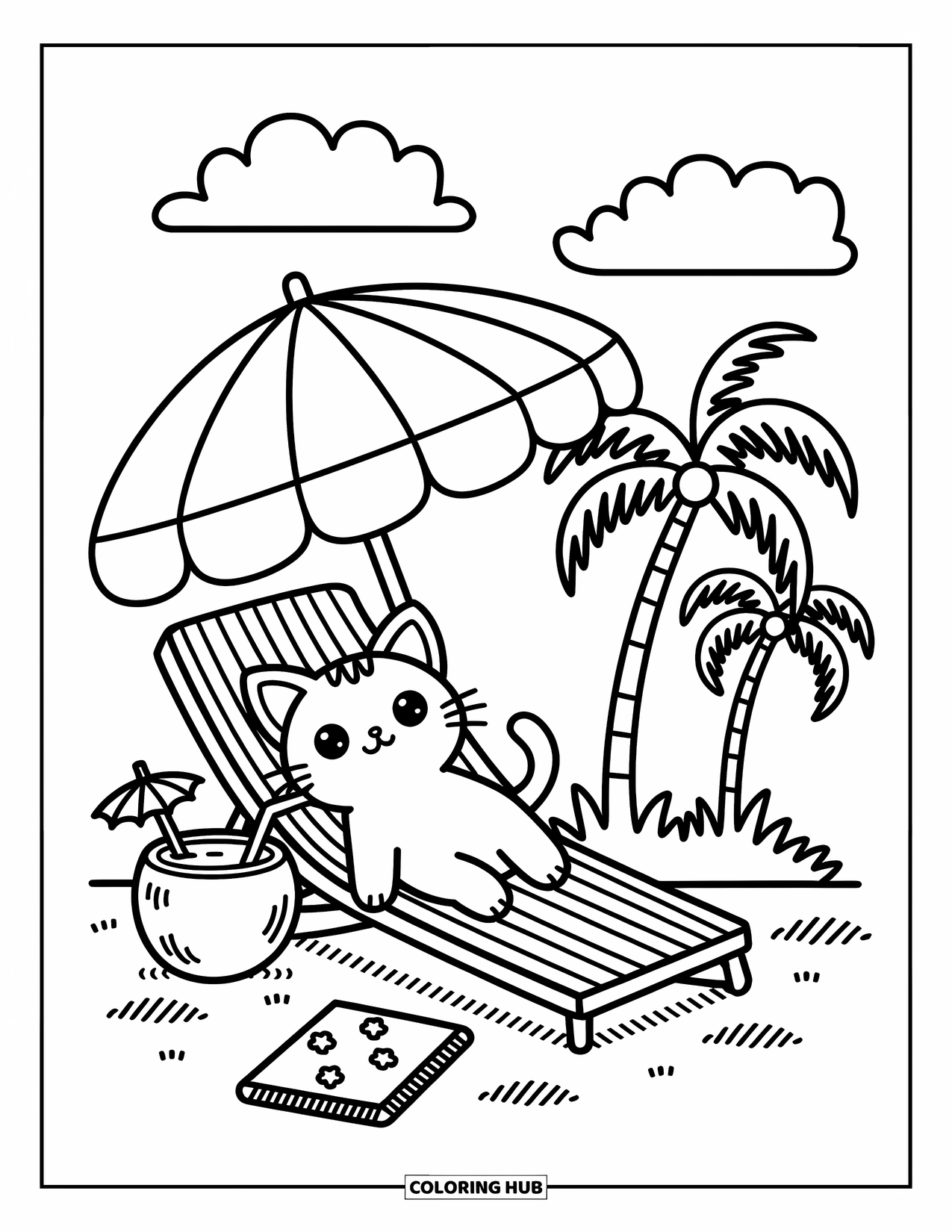 Desenho de Praia para Colorir para Adultos: Um gatinho fofo aproveita um dia ensolarado em uma cadeira de praia listrada
